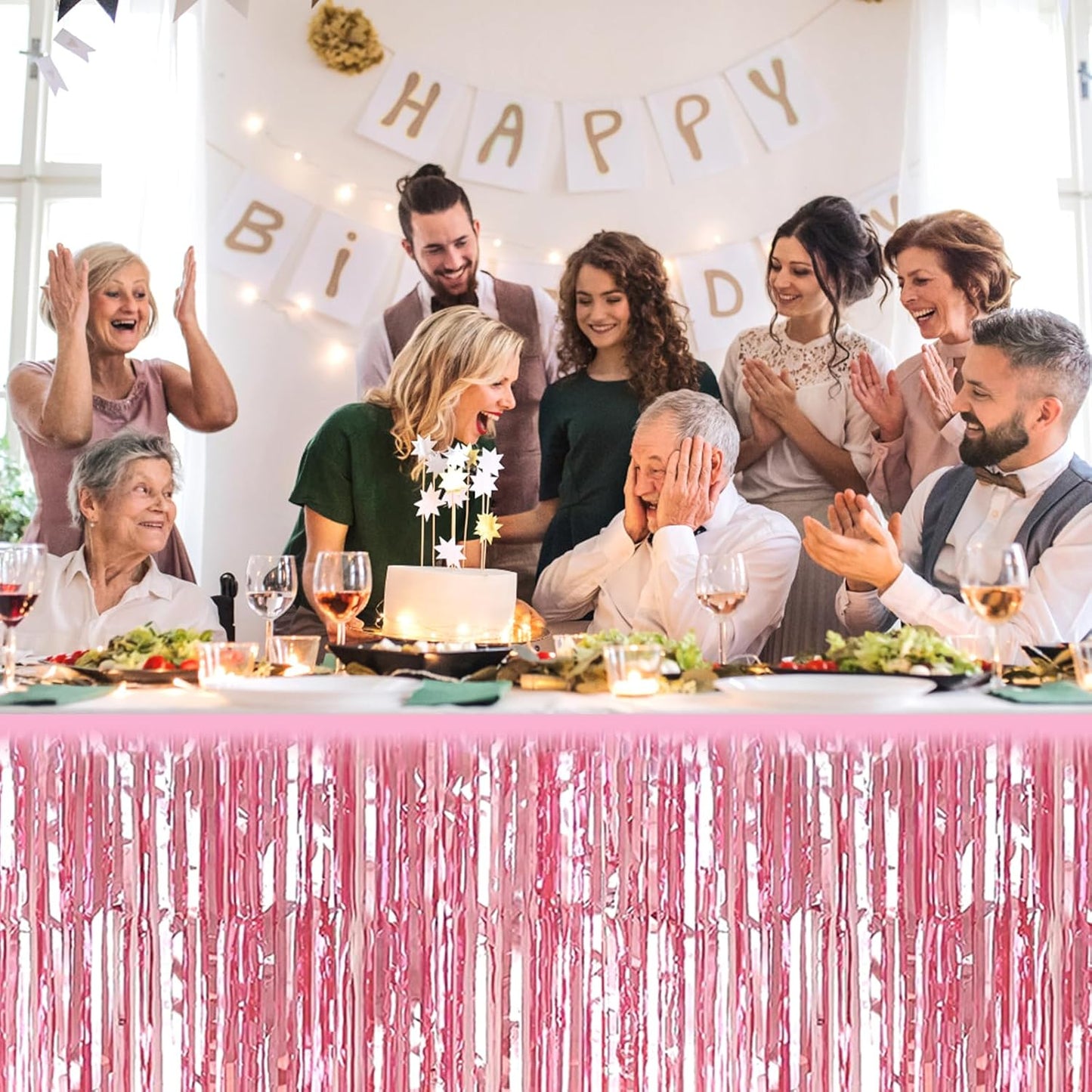 3 Pack 29 x108 Inch Pink Foil Fringe Table Skirts Metallic Banner for Tinsel Streamer Garland Backdrop for Parade Floats Wedding Thanksgiving Birthday Christmas Halloween New Year Party Decoration