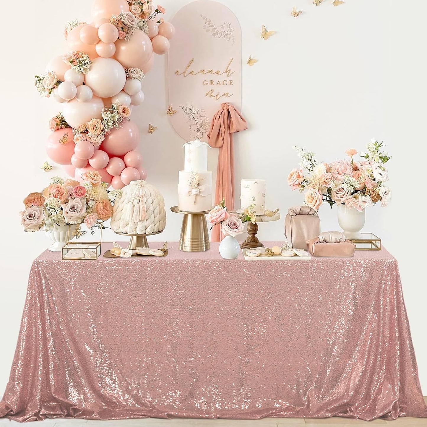 OQSQ Rosegold Sequin Tablecloth 50x80 inch, Glitter Drape Table Cloth, Sparkle Sequence Table Overlays for Thanksgiving Day Wedding Birthday Party Baby Bridal Shower