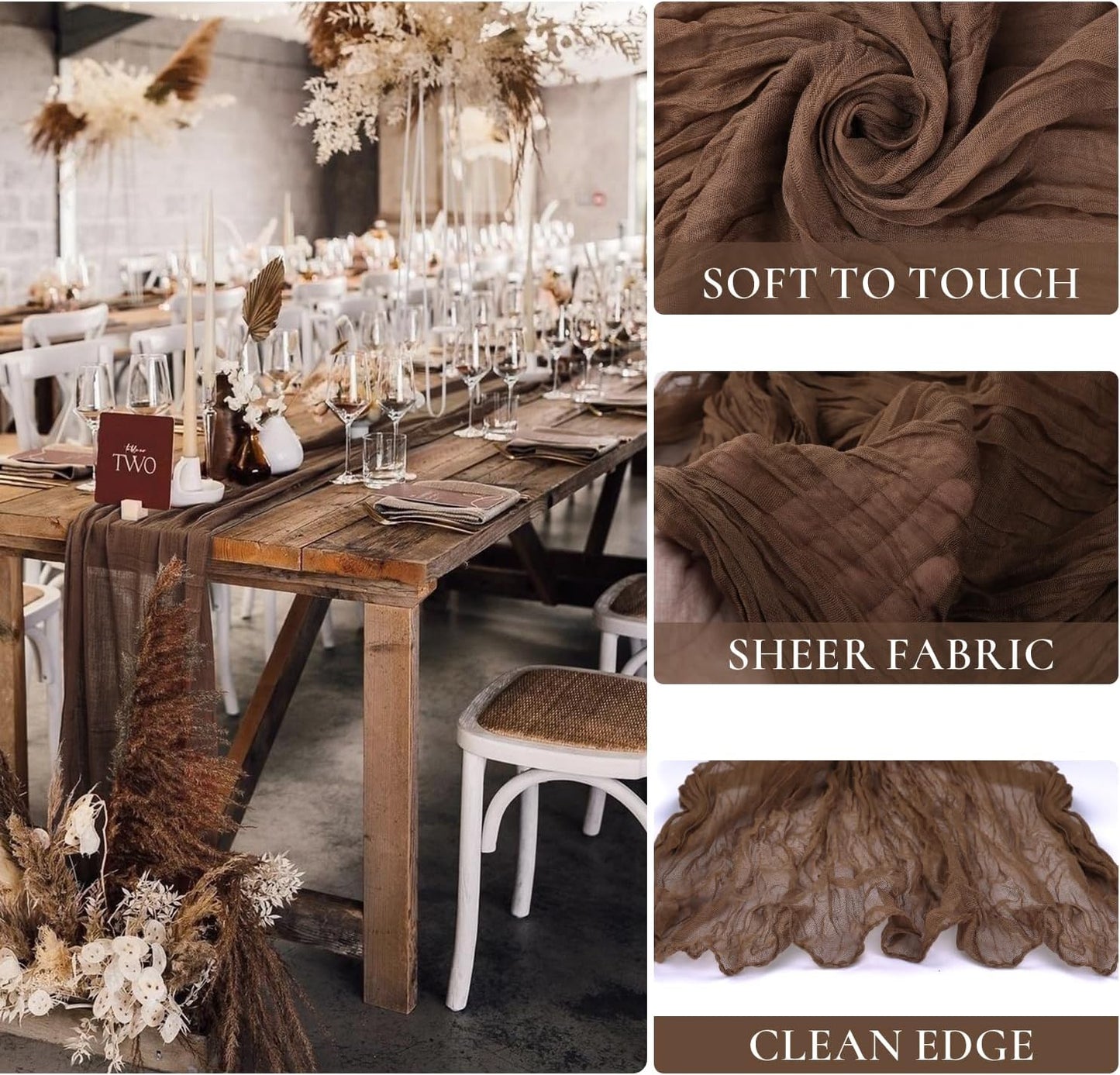 6 Pack Brown Cheesecloth Table Runner 35x120 Inch Gauze Coffee Table Runner Rustic Boho Cheese Cloth Sheer Runner for Wedding Baby Shower Bridal Shower Birthday Party Fall Decorations