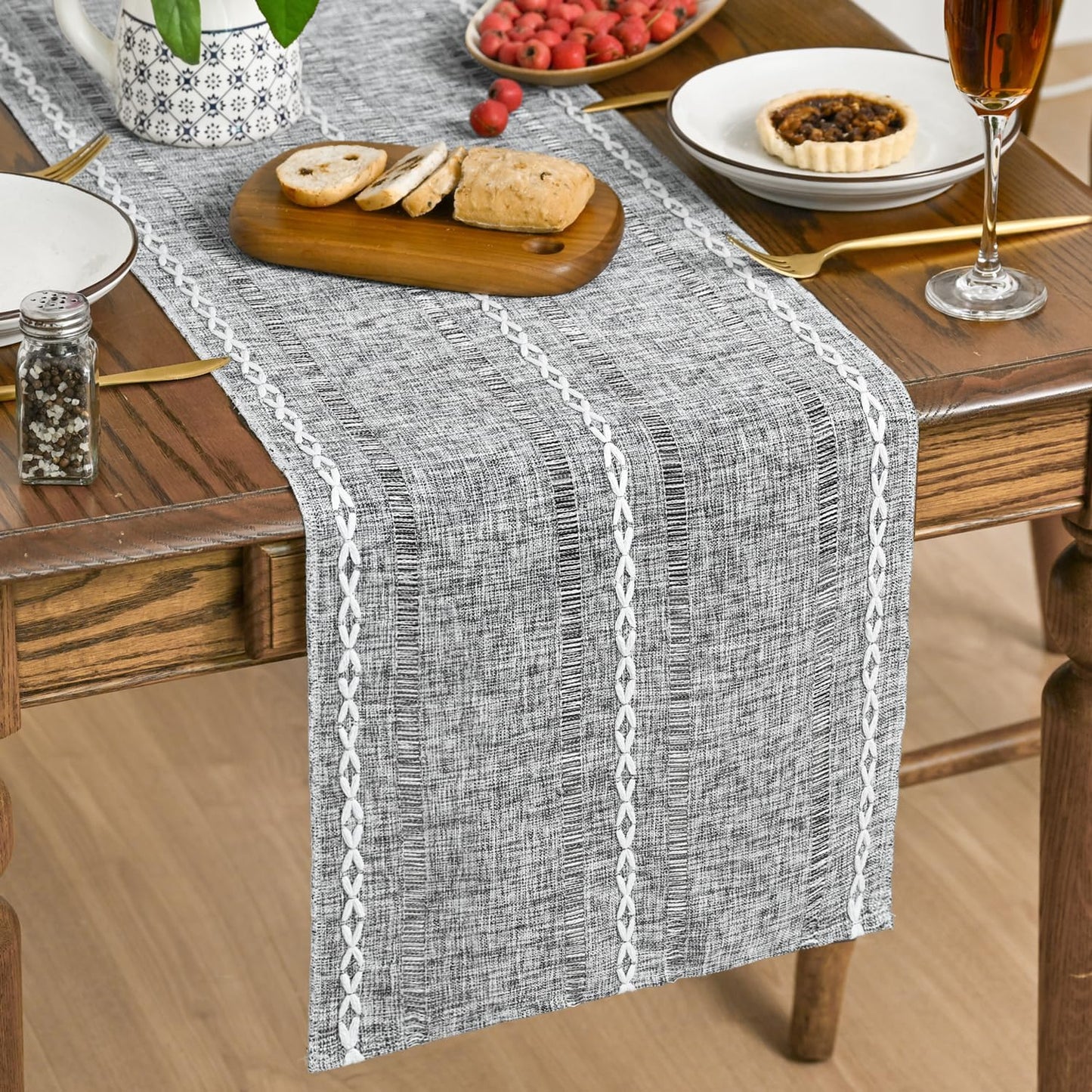 Artoid Mode Dark Grey Rustic Cotton Linen Table Runner, Seasonal Embroidered Hollow Kitchen Dining Table Decoration for Home Party Decor 13x60 Inch