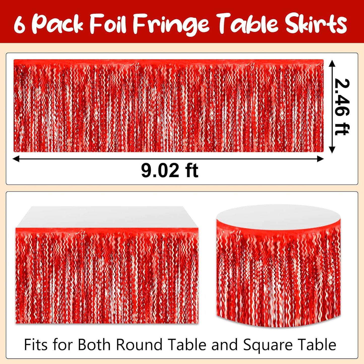 6 Pack 29 x108 Inch Red Wave Foil Fringe Table Skirts Metallic Banner for Tinsel Streamer Garland Backdrop for Parade Floats, Mother's Day, Easter, Wedding, Birthday Party Decoration