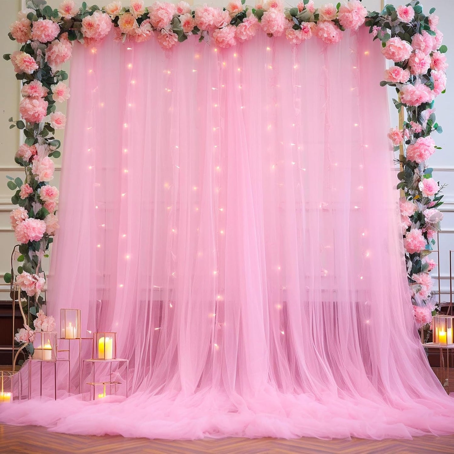 Pink Backdrop Curtains with Lights String for Baby Shower Girl Parties Sheer Tulle Backdrop Curtain Panels for Birthday Party Bridal Shower Photo Shoot Background Decorations 10×10ft (2 Panels 5×10ft)