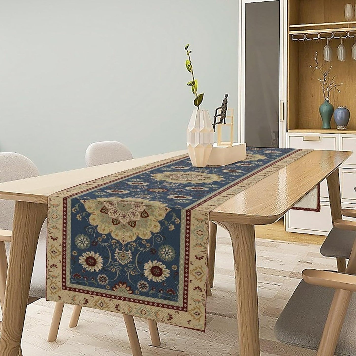 Vintage Boho Floral Table Runner, Elegant Rustic Country Farmhouse Blue Yellow Retro Flower Pattern for Home Kitchen Table Decor Dining Coffee Room Party Decor 13x60in