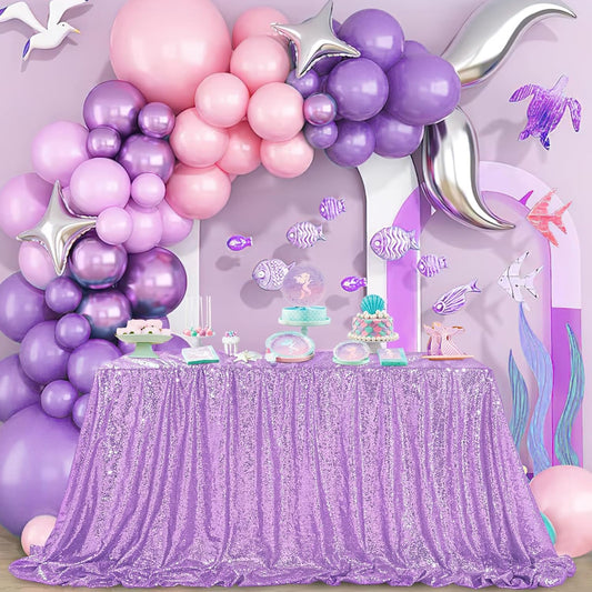 QueenDream Tablecloth 90x156 Rectangle Sequin Tablecloth Lavender Wedding Table Linens Glitter Birthday Bridal Party Indoor Outdoor Decorations