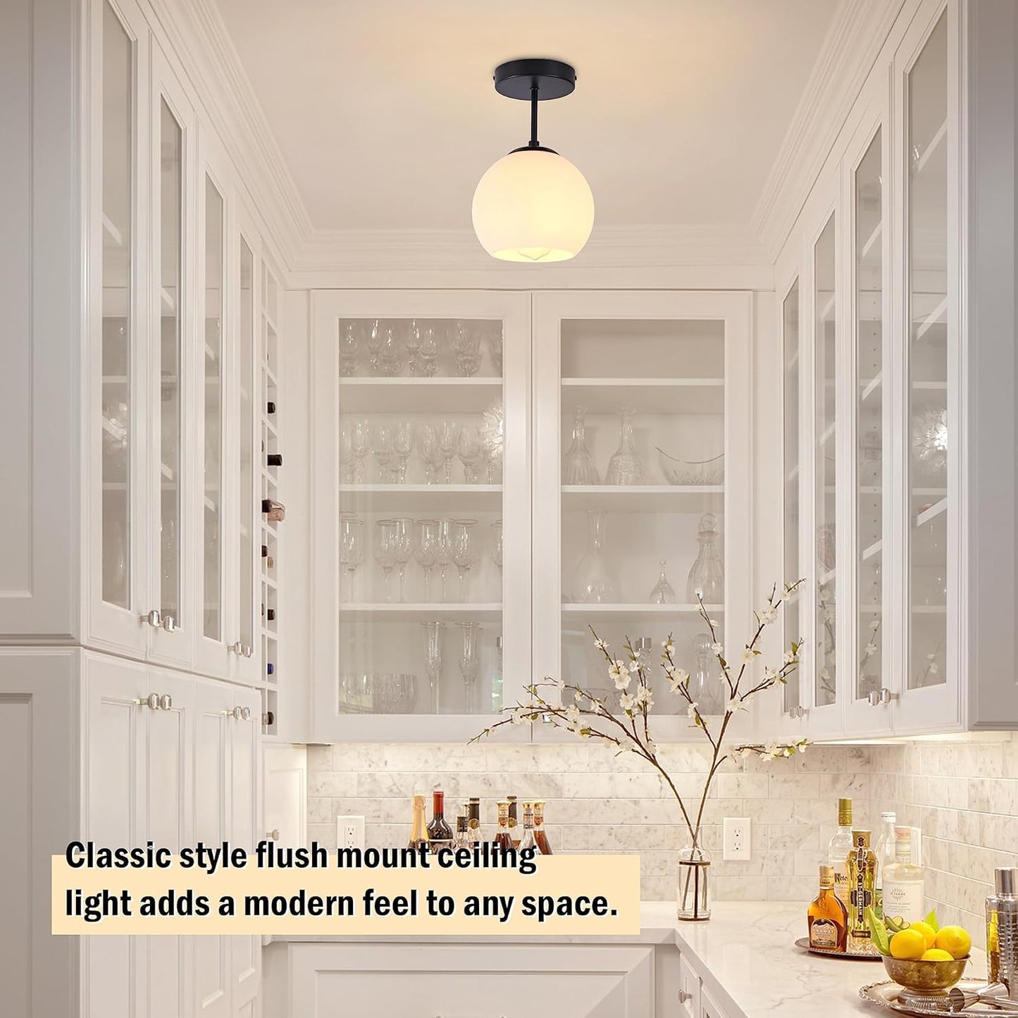 Black Semi Flush Mount Ceiling Light Fixture Milk Glass Light Fixture Mid Century Flush Mount Ceiling Light Black Flush Mount Ceiling Light Schoolhouse Light Fixture for Dining Room(Bulb Incl.)