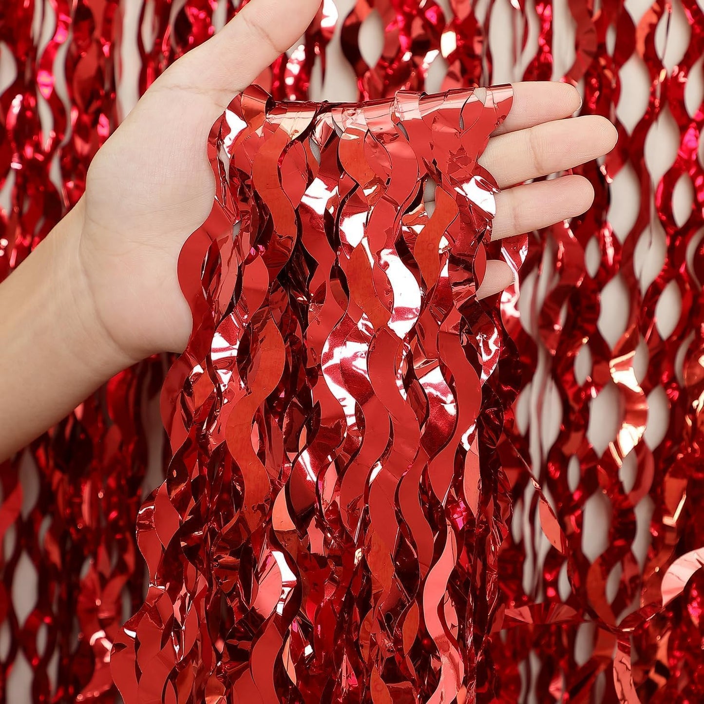 3 Pack Red Aluminium Foil Curtains, 3.3ft x 6.6ft, Wavy Shape, for Party Decorations & Photo Background