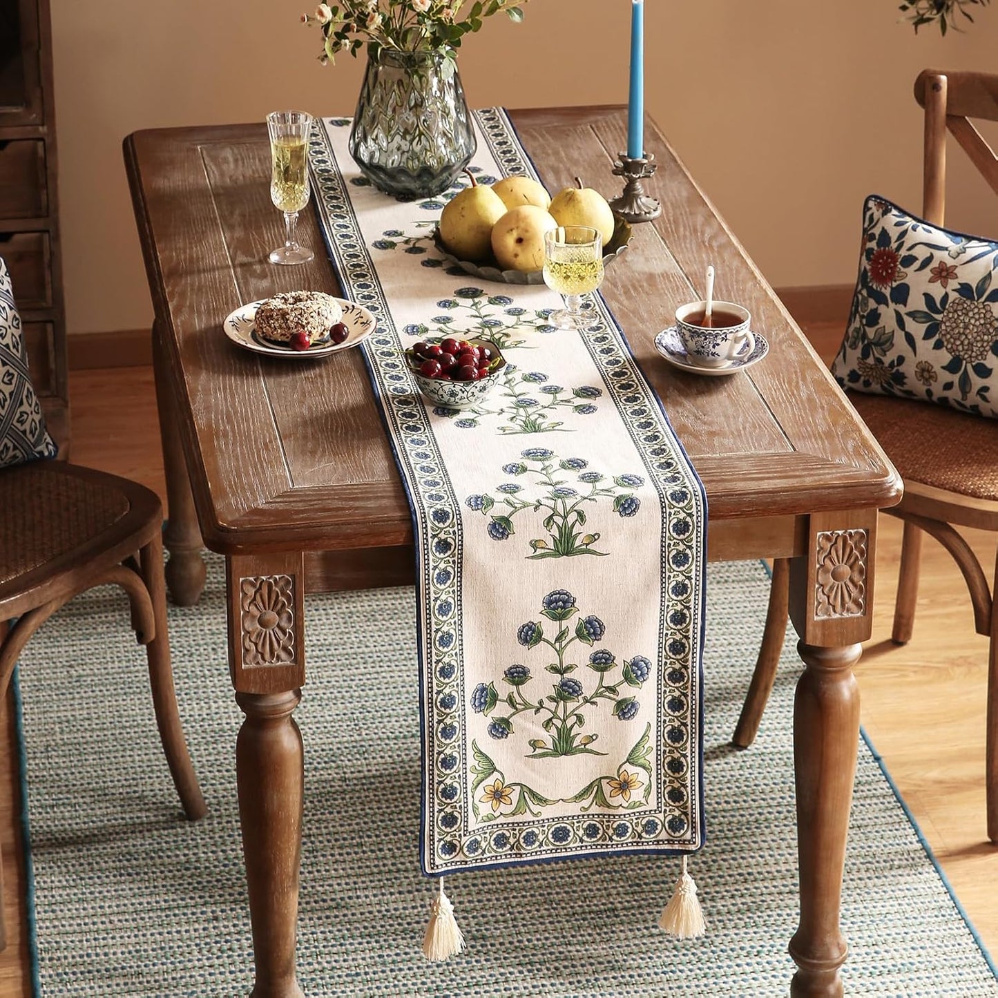 patdrea Designer Blue Rustic Elegant Floral Patterned Linen Table Runner 102 Inch Long,Wrinkle Resistant Table Mat,Decoration for Kitchen Dining and Coffee Tables Banquet Christmas ,12"x102"