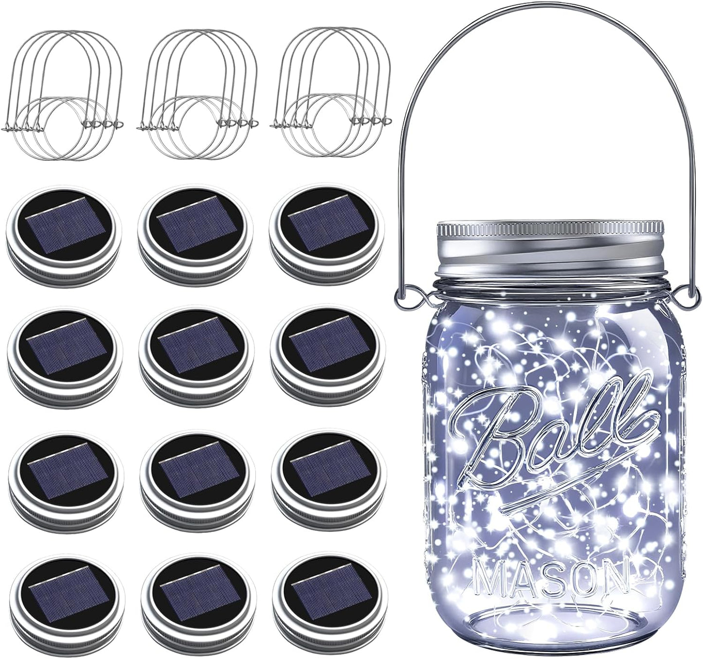 ZNYCYE Mason Jar Solar Lights for Outside, 12 Pack 30LED Fairy Lights Mason Jar Solar Lids Outdoor Waterproof String Lights with Hangers(NO Jars) for Patio Garden Yard Lawn Decoration - Cool White