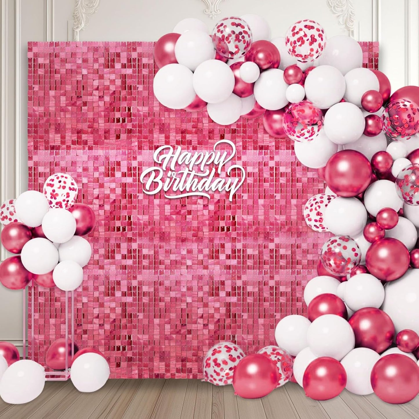 24PCS Deep Pink Shimmer Wall Backdrop, Laser Square Sequin Photo Backdrops Panel, Glitter Wall Background for Birthdays, Weddings, Christmas, Engagements, Disco Bachelorette Party Decor (4FTx6FT)