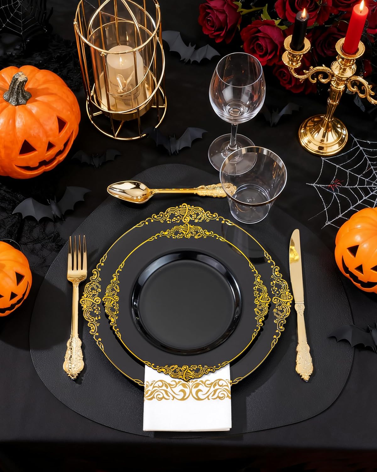 Nervure 350PCS Black Plastic Plates - Black Plastic Dinnerware Sets for 50 Guests - 100 Disposable Plates, 150 Gold Silverware, 50 Cups, 50 Napkins for Wedding & Party & Halloween