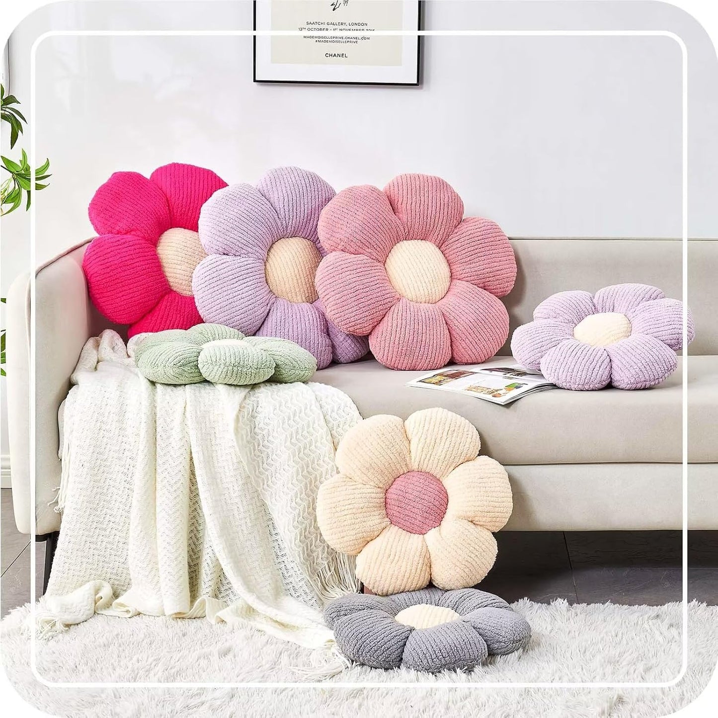 Soft White Pink 17.7" Flower Pillow for Home Decor, Cute Shaped Floor Pillow Aesthetic Plush Decorative Pillow for Bed Sofa Couch