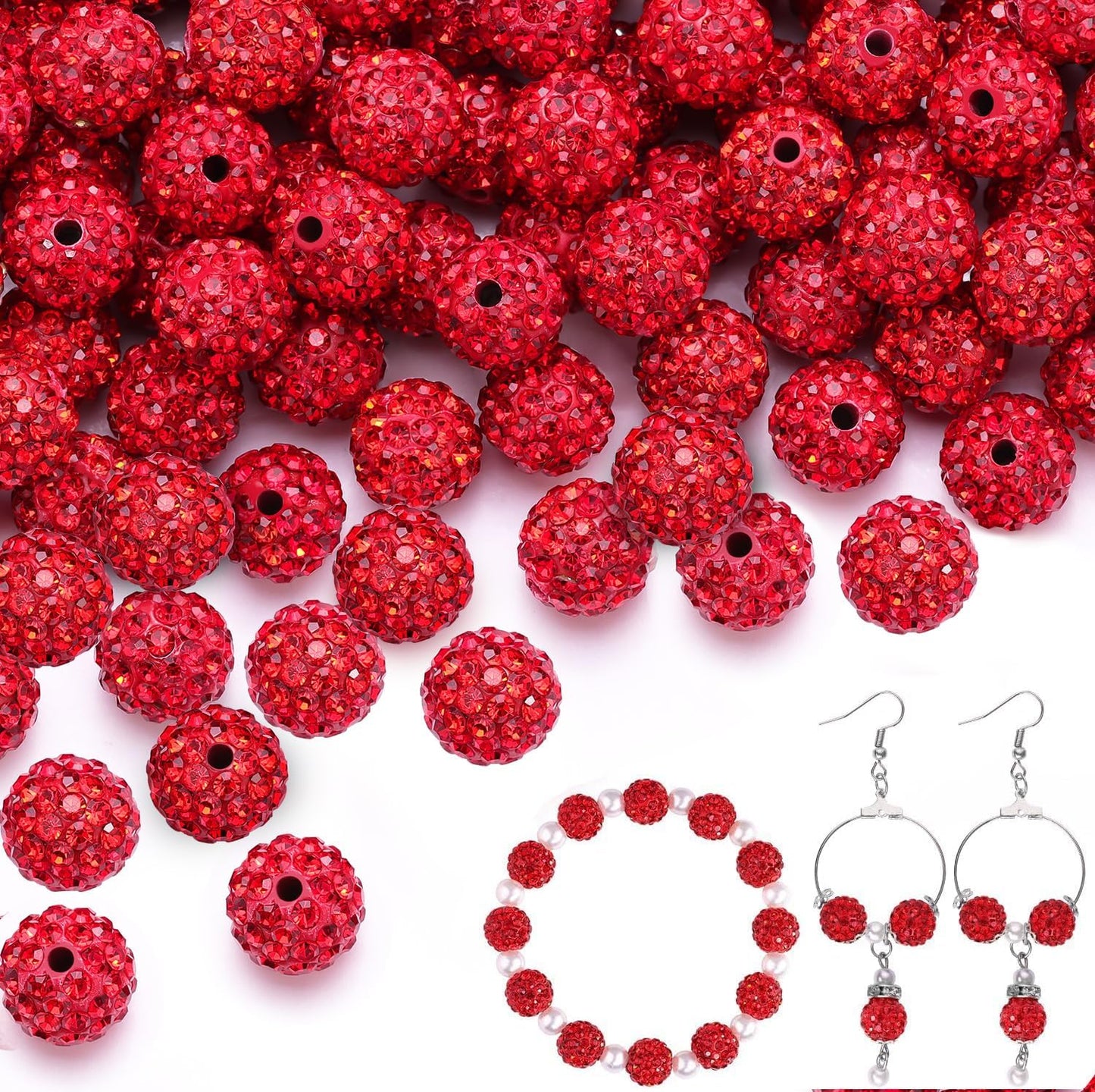 200pcs 10mm Red Rhinestone Beads for Jewelry Making, Shiny Round Shamballa Disco Ball Beads Bulk, Sparkle Crystal Clay Christmas for Bracelet Baseball Necklace Earring Crafting and DIY