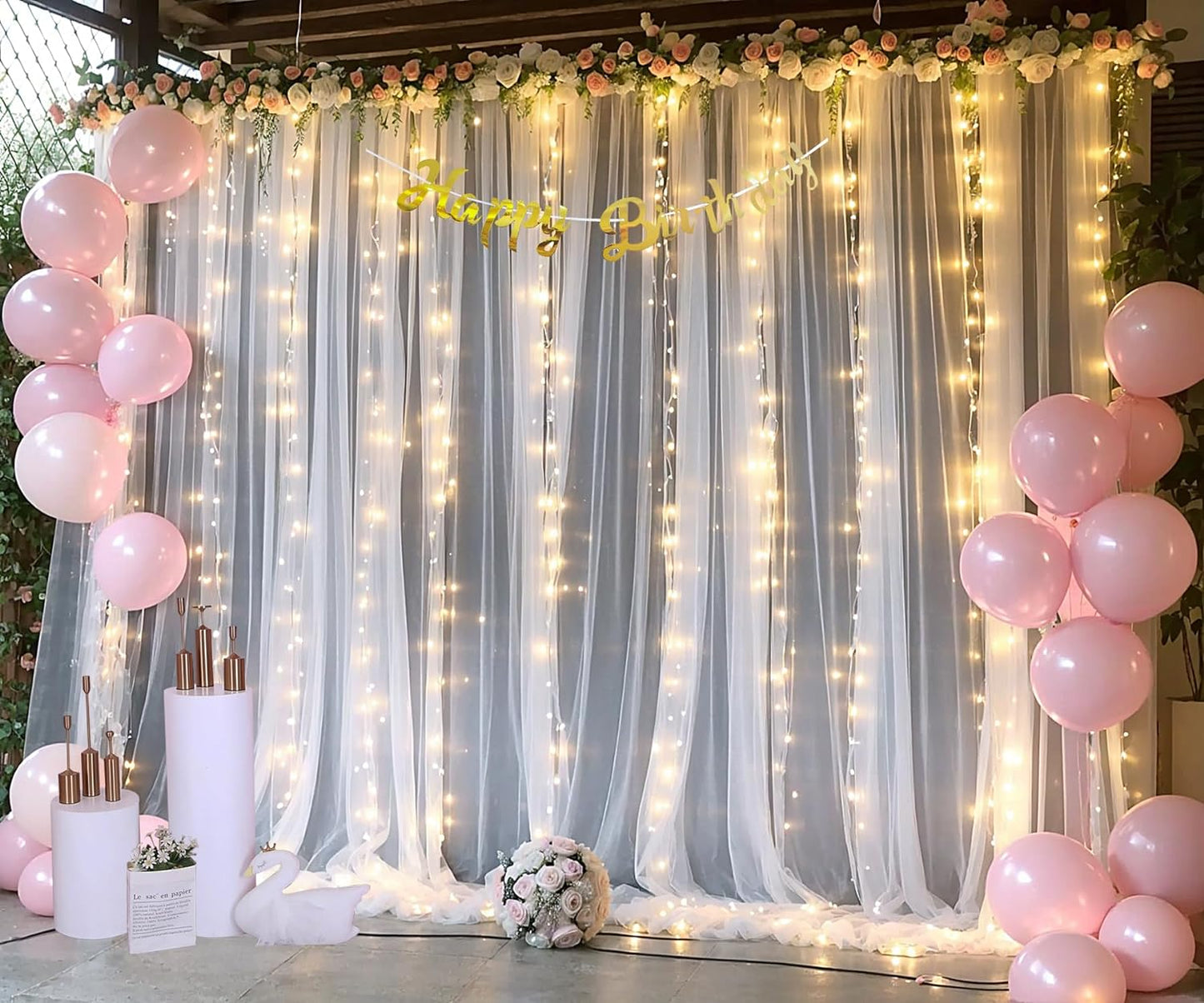 White Backdrop Curtains with Lights String for Wedding Parties 10×10ft Sheer Tulle Backdrop Curtain for Bridal Shower Baby Shower Birthday Party Photo Shoot Background Decorations(2 Panels 10ft×10ft)