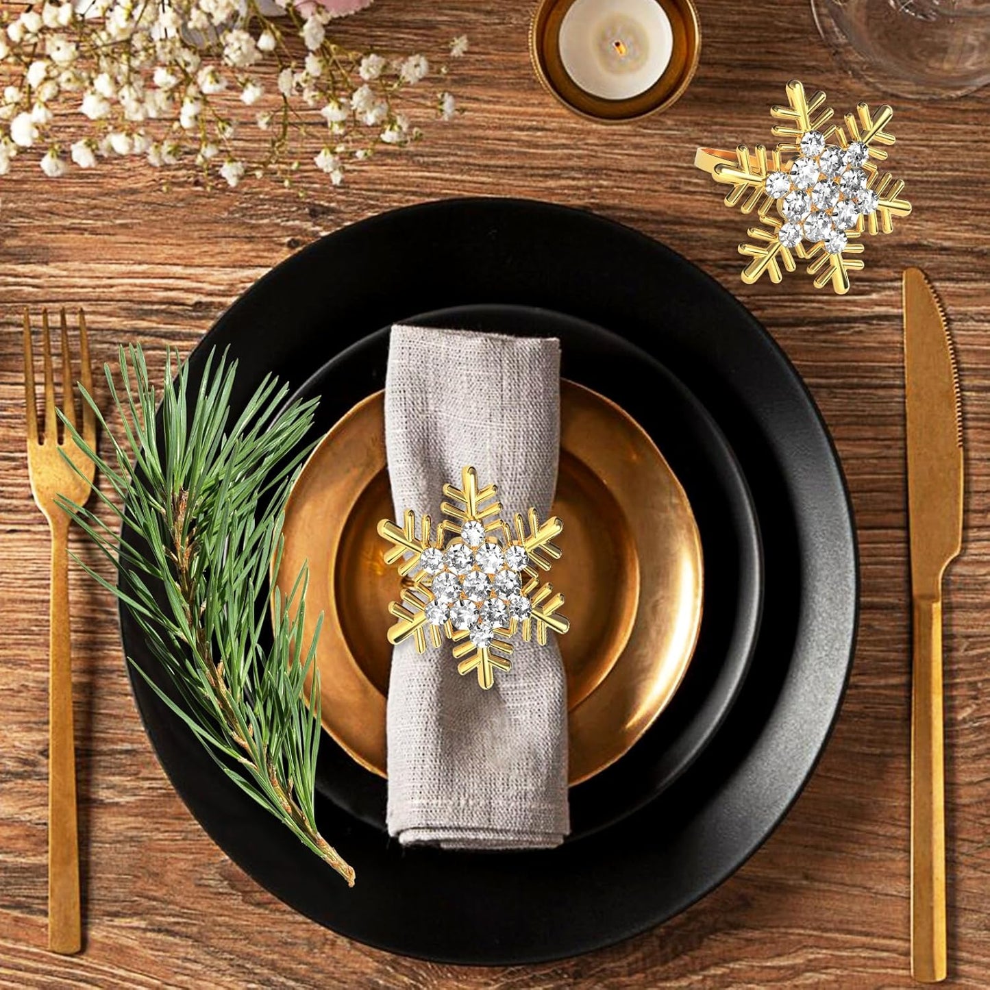 Halatool Christmas Napkin Rings Set of 12, Gold Snowflake with White Rhinestone Napkin Holder for Christmas Thanksgiving Winter Holiday Place Setting, Weddings, Party Table Decoration