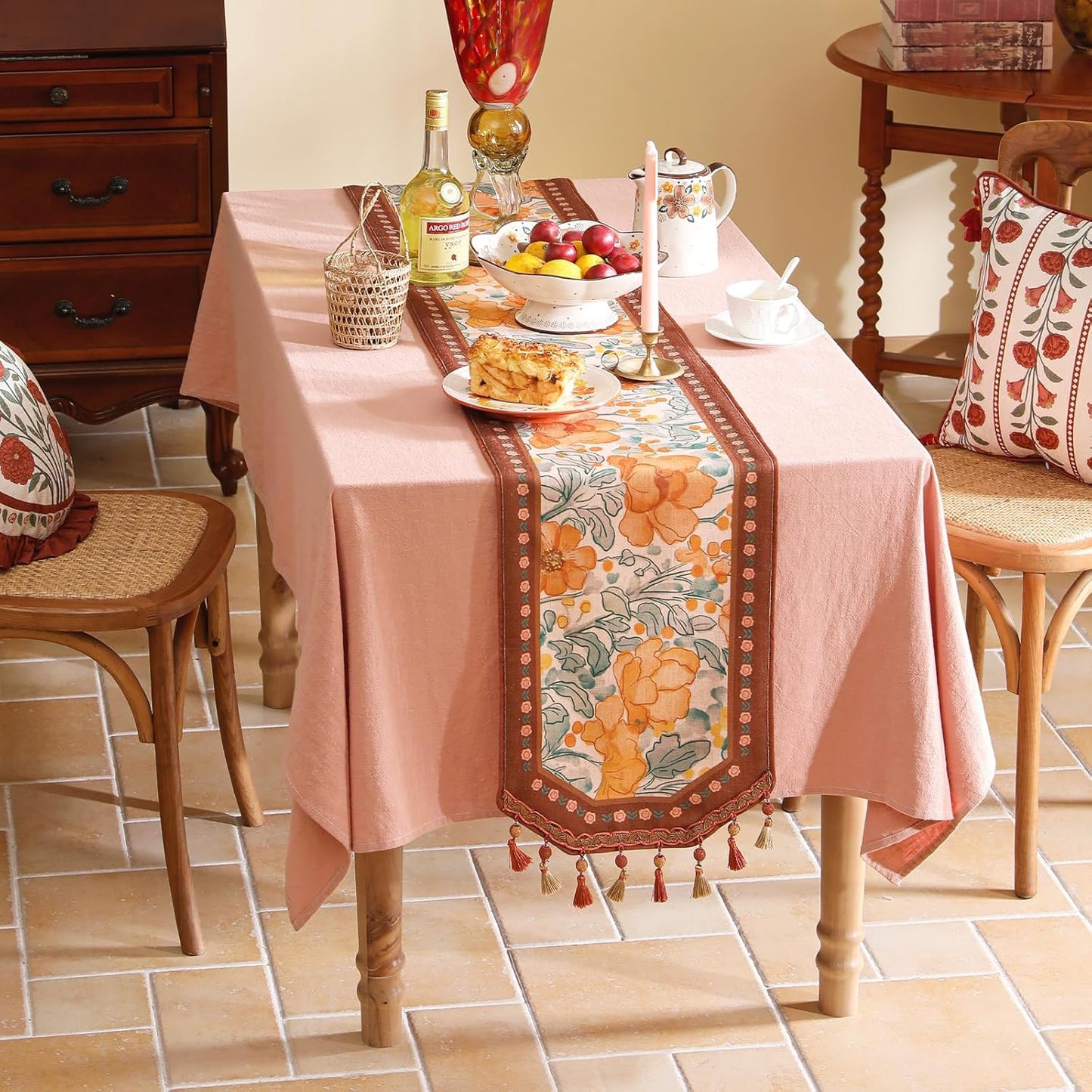 Designer Vintage Orange Floral Table Runner,French Soft Linen Farmhouse Table Runners 71 Inches Long,Decor Tabletop for Kitchen,Dining,Tea Party,Home,Christmas,12"*71"