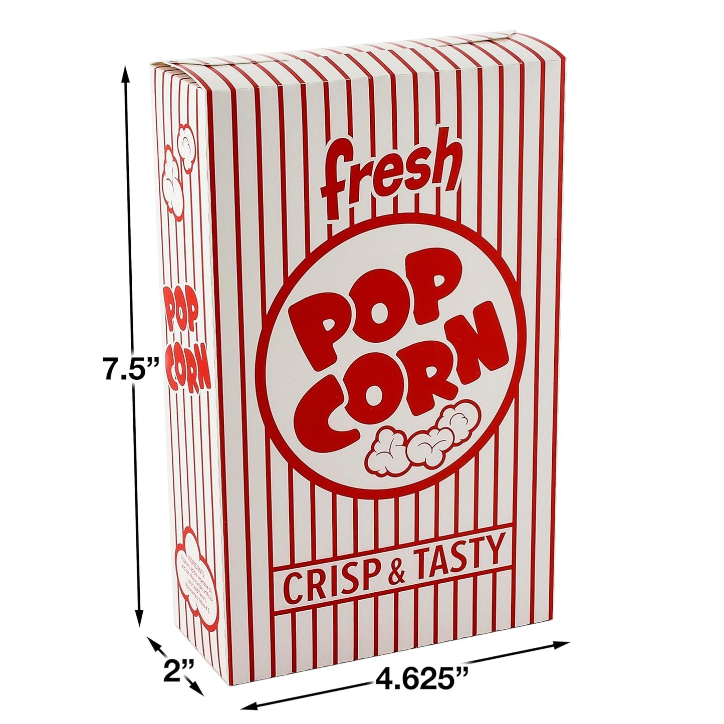 Snappy 3J Red & White Striped Close Top Popcorn Boxes for Movie Night Supplies, Popcorn Boxes Bulk 100 Count, Movie Night Popcorn Boxes 1.25 oz. Capacity, 4.625” x 2” x 7.5” Popcorn Containers