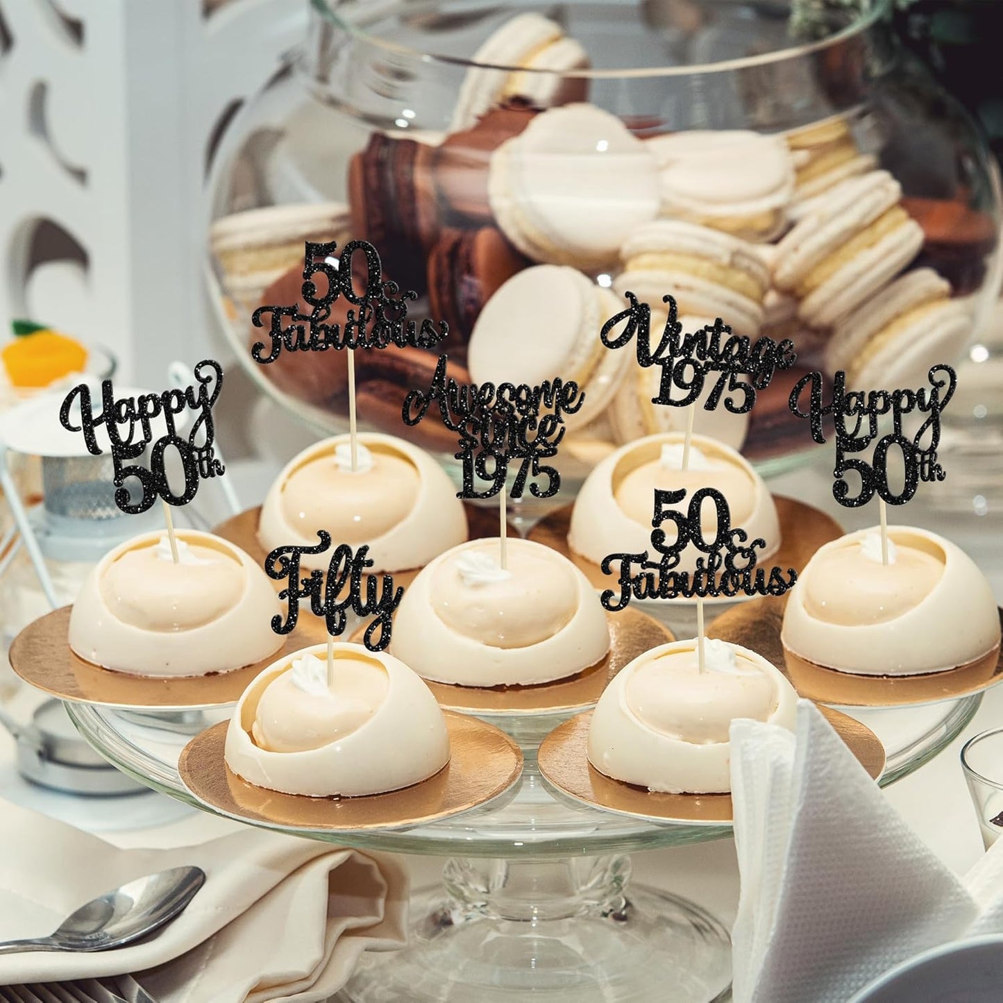 30Pcs Happy 50th Birthday Cupcake Toppers Glitter Fifty Vintage 1975 Cupcake Picks Cheers to 50 Fabulous Cake Decorations for 50th Birthday Wedding Anniversary Party Supplies Black