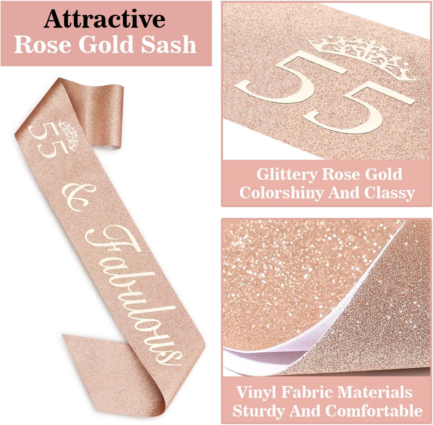 55 Birthday Decorations for Women Including Sash, Tiara, Numeral Candles and Cake Topper, 55th Birthday Gifts for Women, Rose Gold Party Favor Supplies