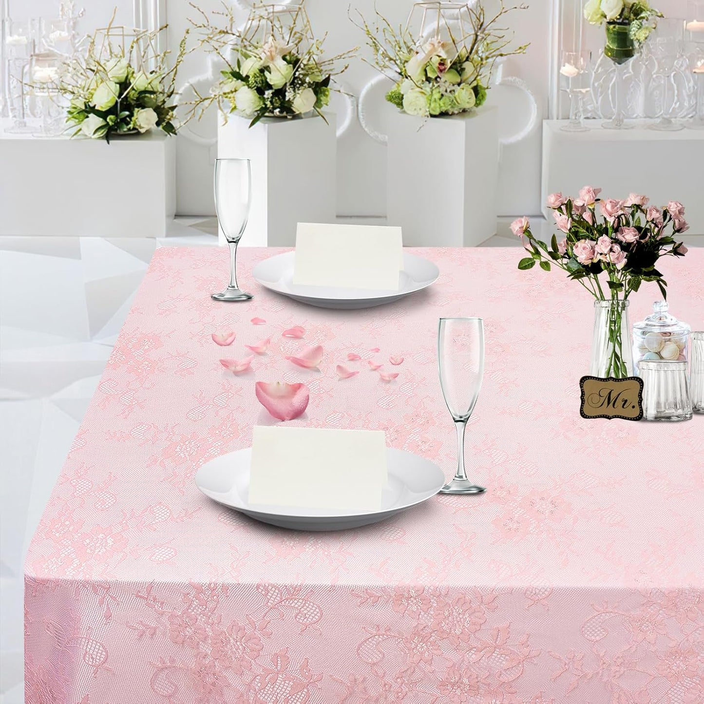 LuoluoHouse Pink Lace Tablecloth Table Fabric 6pcs 60x120 Inch for Vintage Boho Wedding Baby Shower Party Decoration Rectangle Overlay Long Vintage Embroidered Reception Table Cloth Decor