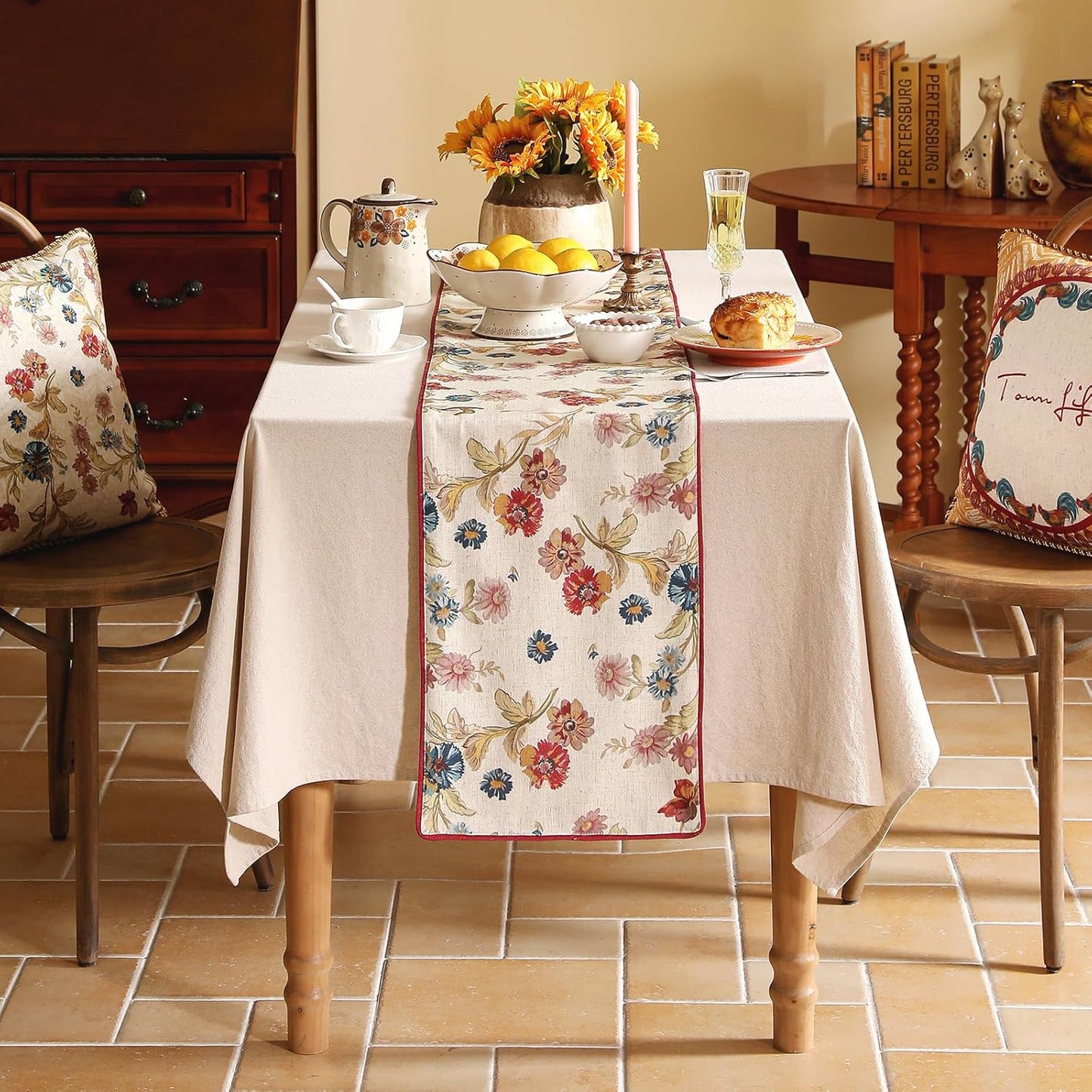 patdrea Designer Farmhouse Linen Thick Table Runner, Rustic Cottage Beige with Floral Pattern Fabric Table Mat, Decoration for Kitchen Dining Coffee Table Banquet Christmas , 12"*71"