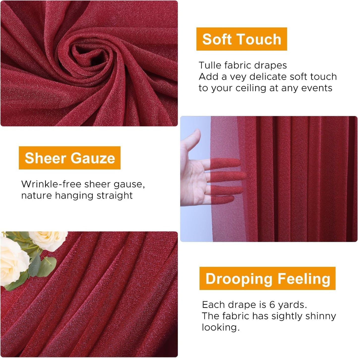 Wedding Arch Draping Fabric 3 Panels 28.7" x 20FT Burgundy Sheer Chiffon Backdrop Drapes for Wedding Ceremony Birthday Party Bridal Shower Outdoor Decoration