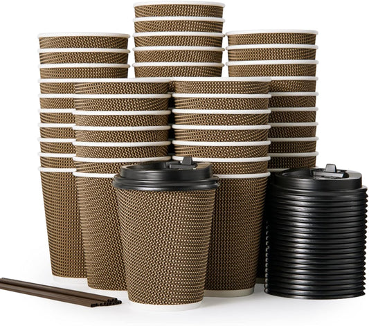 LITOPAK 80 Pack 12 oz Paper Coffee Cups, Insulated Ripple Wall Hot Coffee Cups with Lid and Straws, Brown Three Layer Insulated Hot Beverage Cups for Parties, Picnic, and Travel