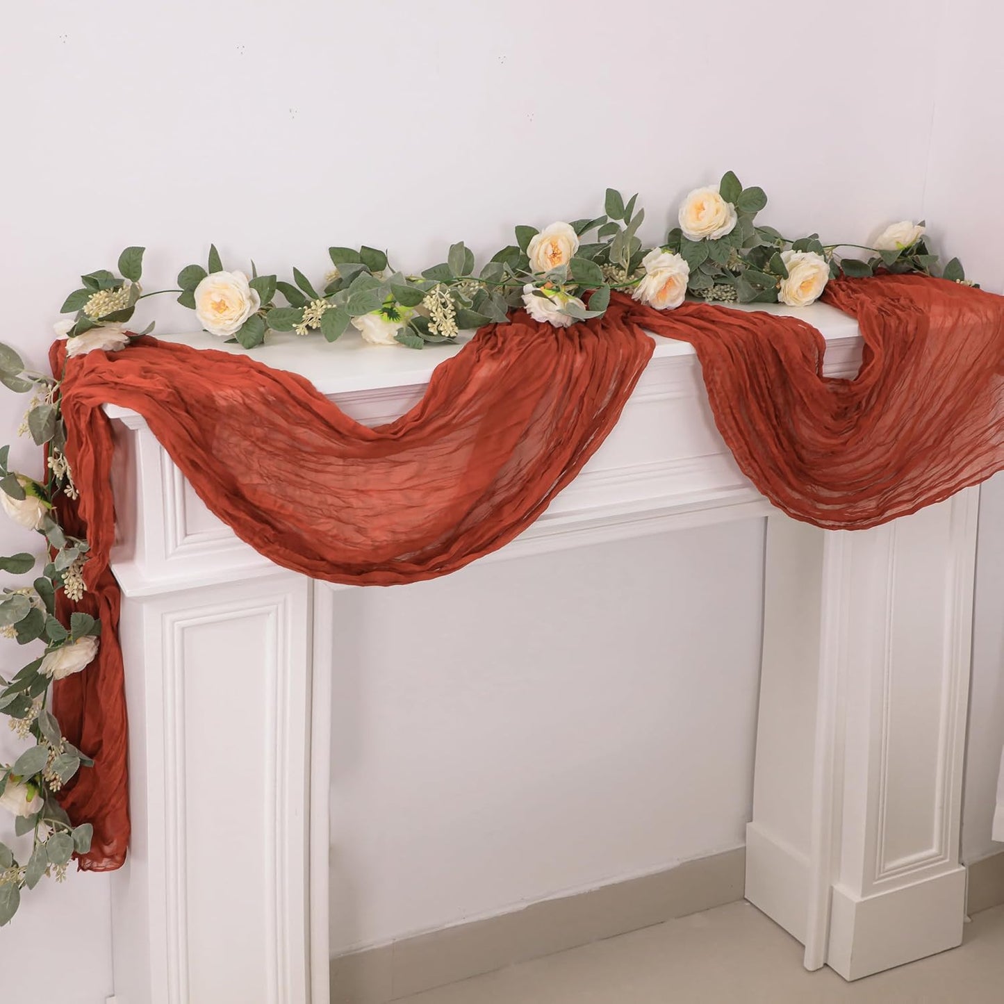Snowkingdom 6PCS 13Ft Terracotta Cheesecloth Table Runner Bulk, 160inch Long Rust Cheese Cloth Boho Gauze Runner for Wedding Bridal Shower Rustic Sheer Fall Thanksgiving Table Decorations