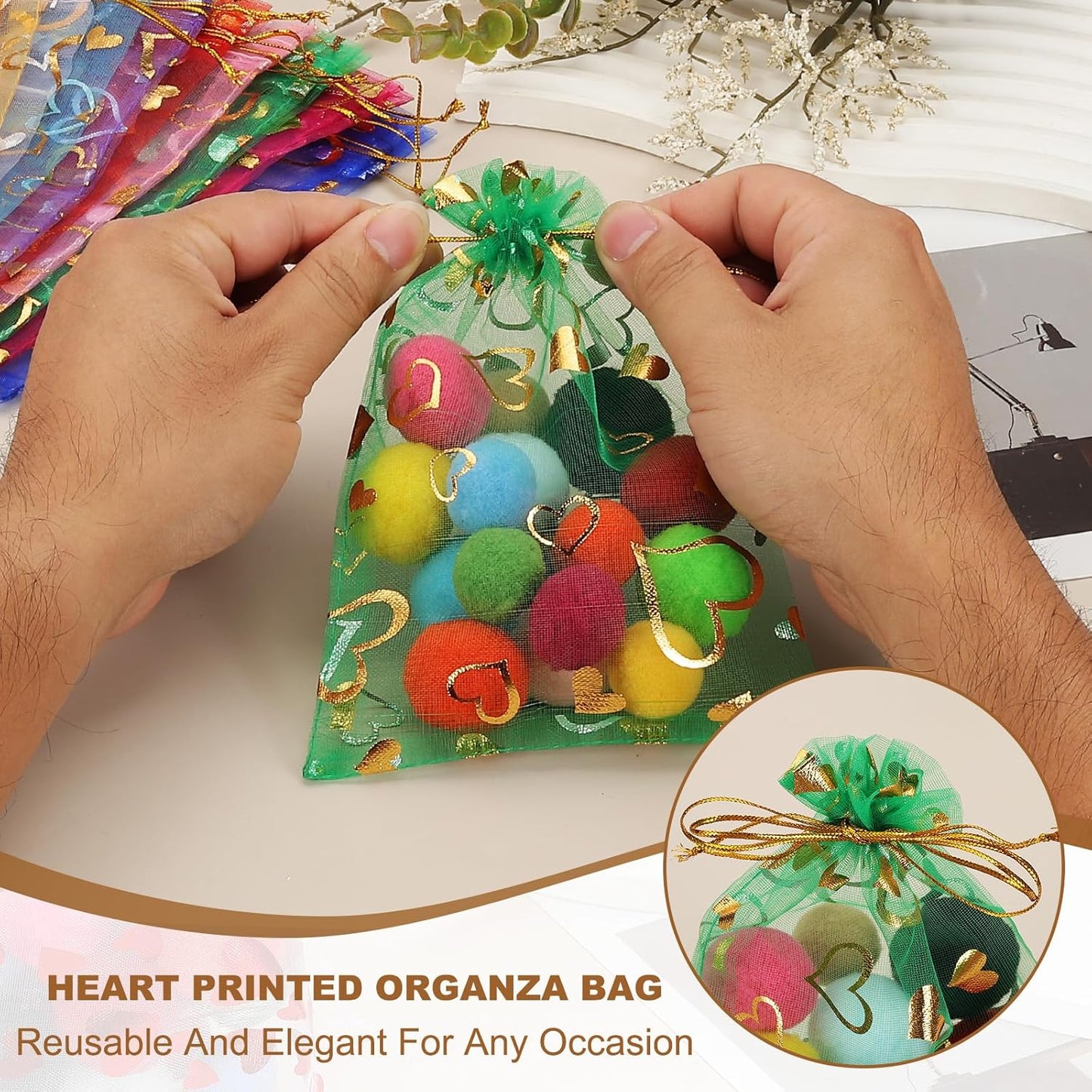 PATIKIL 100 Pcs 5x7 Inch Heart Printed Organza Bags, Gold Sheer Heart Organza Bags with Drawstring for Christmas Candy Jewelry Party Wedding Favor Gift