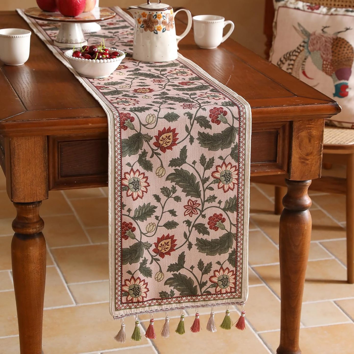 ISAENNE Designer Provence Elegant Linen Table Runner 102 Inches Long,Flower and Leaves Pattern Durable Table Runners for Dining Tables,Thanksgiving,Kitchen Tables,Christmas,12"*102"-Ratina