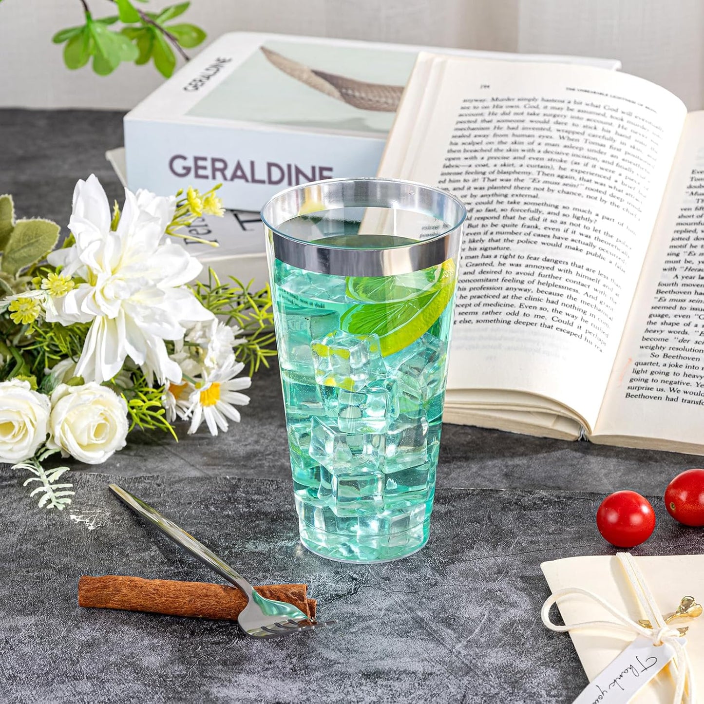 I00000 16 oz Silver Plastic Cups, 100 Pack Clear Plastic Cups,Silver Rimmed Disposable Cup, Heavy-duty Disposable Tumblers Perfect for Party, Holiday, Wedding & Birthday