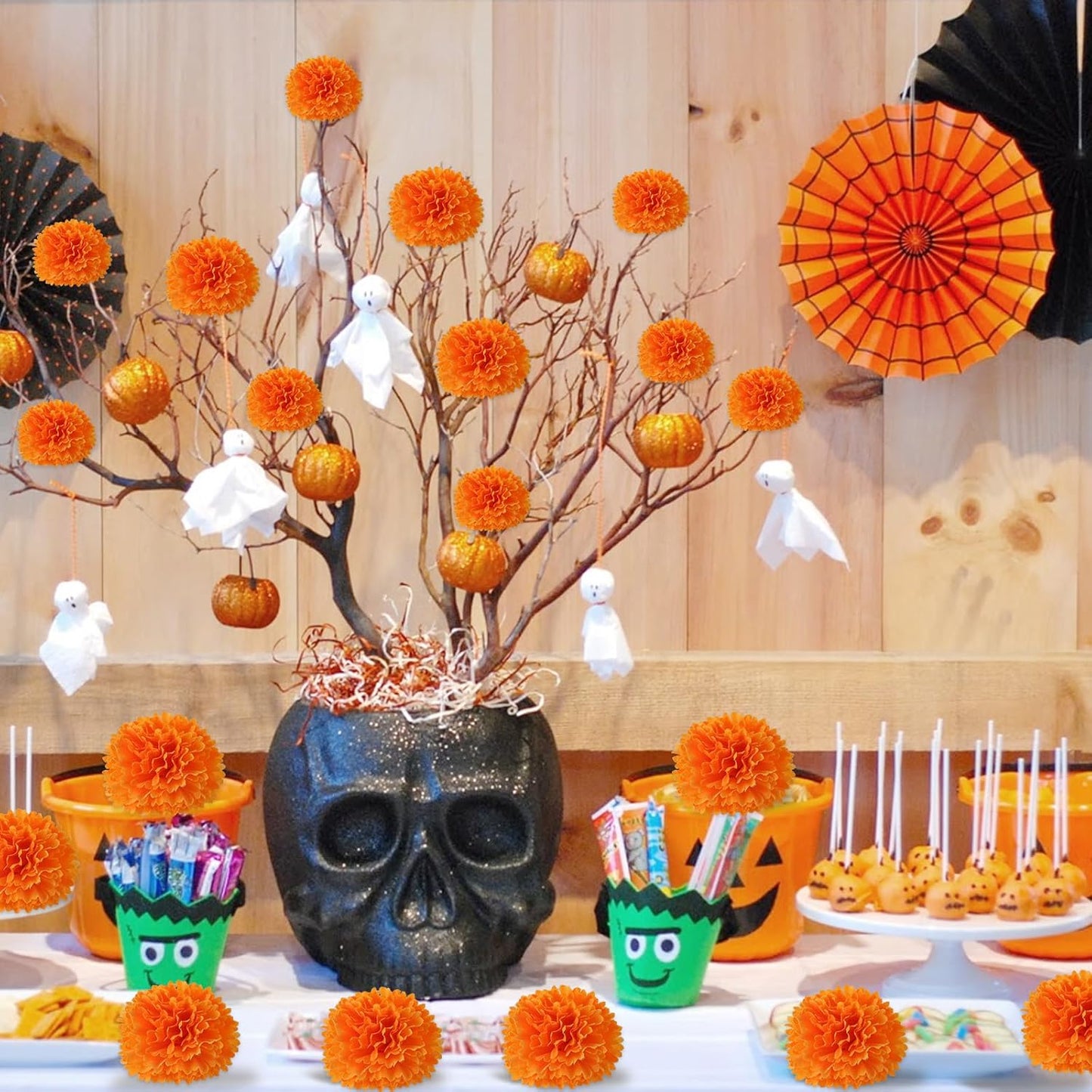Hananona 100 Pcs Marigold Flower Heads Bulk, Silk Marigold Heads Artificial Flowers for Diwali Home Decor DIY Wreath Garland Day of The Dead Decoration (100, Orange)