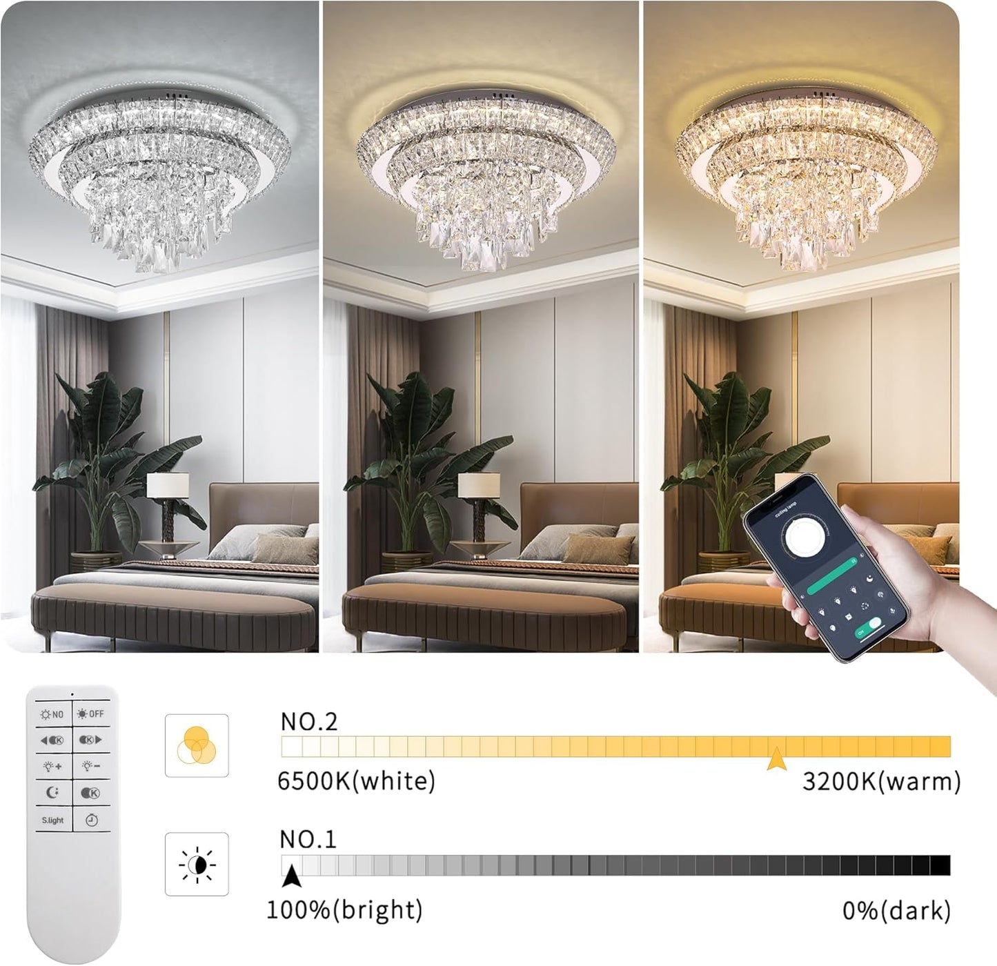 18 inch Crystal Silver Ceiling-Light Flush Mount with Remote Control and APP, 3CCT Dimmable & Brightness Adjustable, Modern Crystal Raindrop Chandeliers for Bedroom Hallway Dinning Room Living Room
