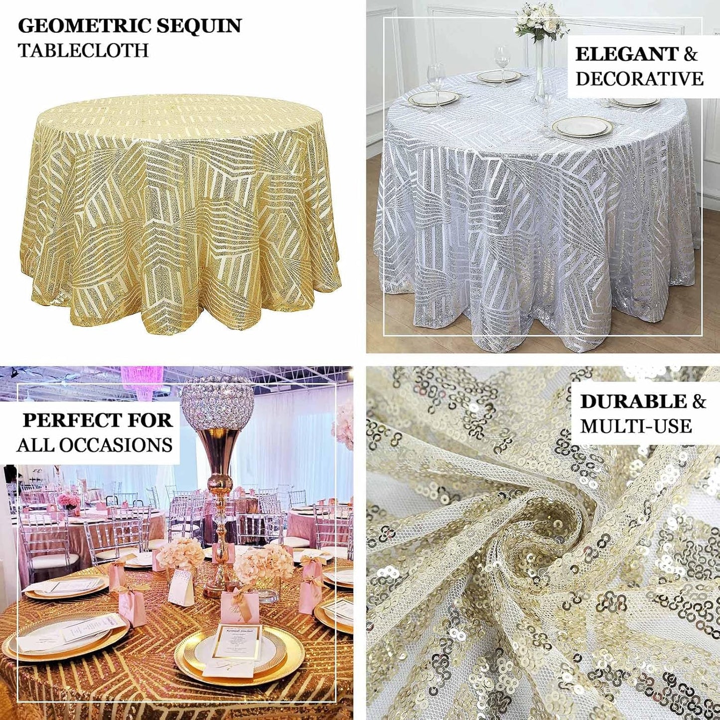 Efavormart 120" Silver Sparkly Sequin Geometric Tulle Round Tablecloth
