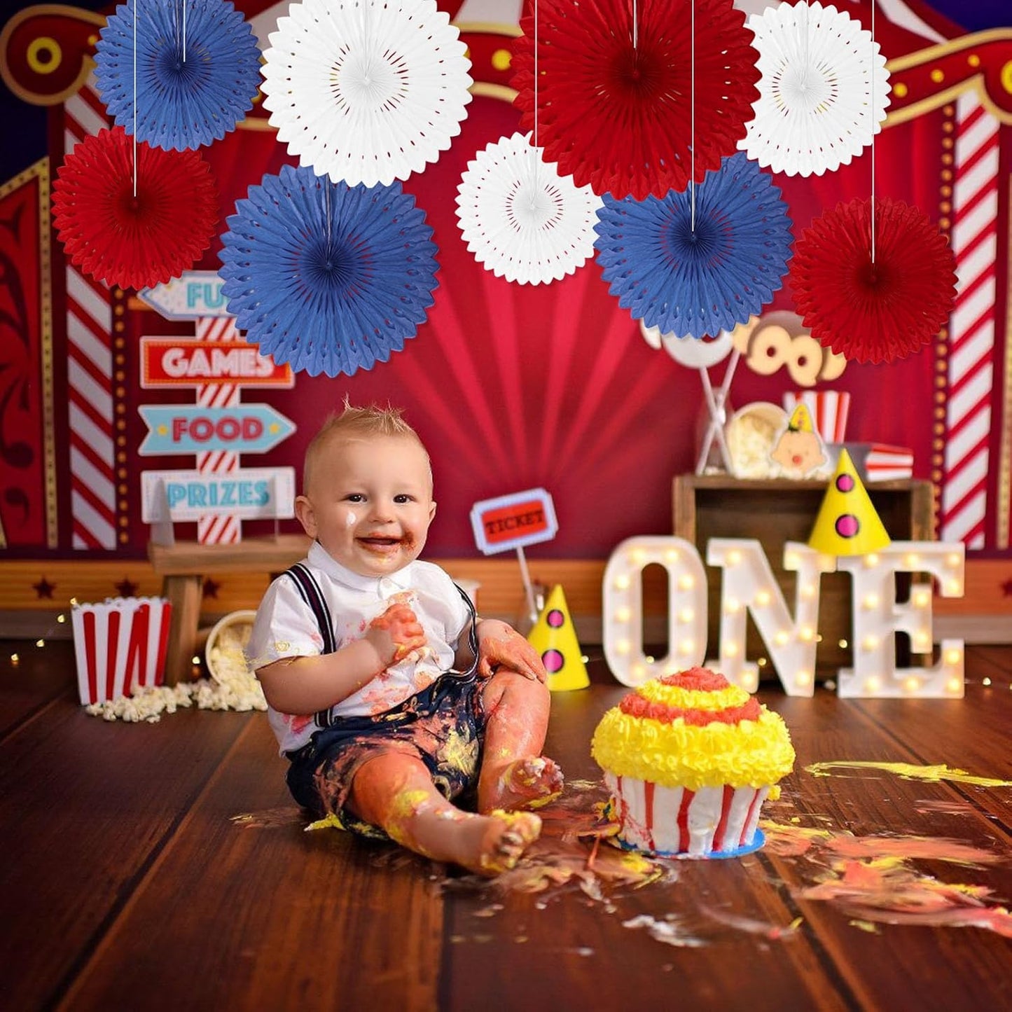 4th of July Patriotic Decorations, 18 Pcs Red White Blue Hanging Honeycomb Paper Fans, Round Paper Fan Decorations for American Fourth of July Memorial Day Independence Day Events Party Supplies