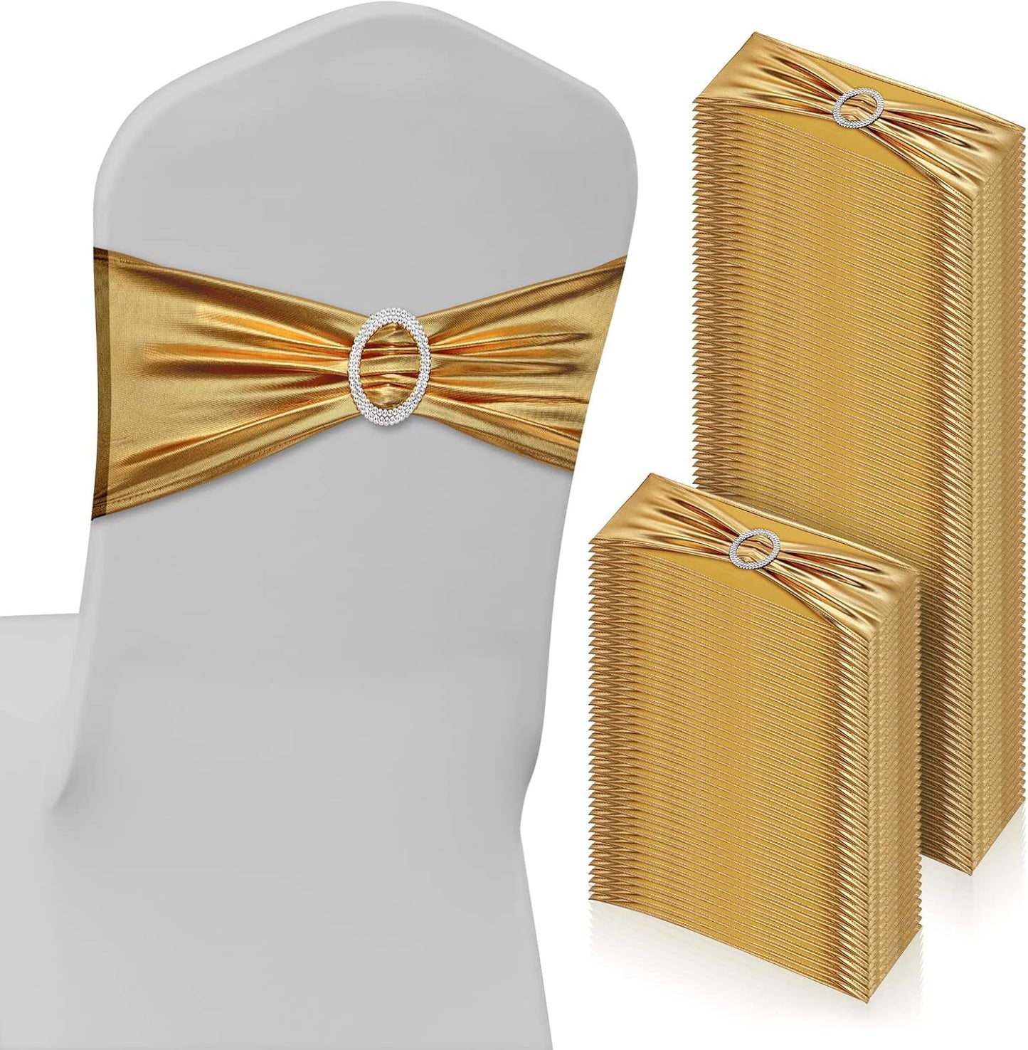 CHENGU 150 Pieces Spandex Stretch Chair Sashes Bows Elastic Chair Cover Bands Ties with Buckle Slider for Wedding Party Reception Events Universal Ceremony Banquet Decorations (Glossy Gold)