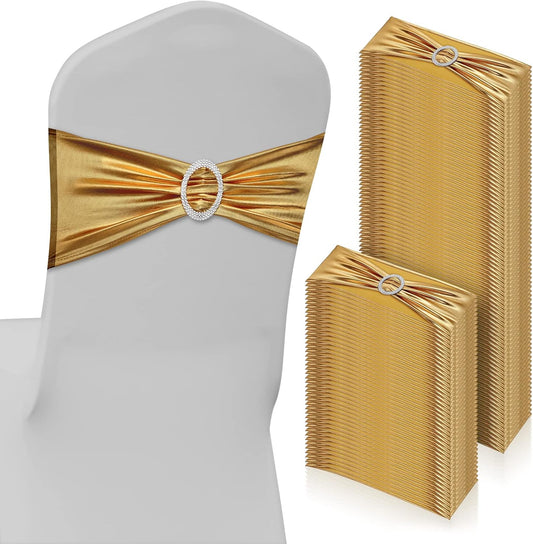 CHENGU 150 Pieces Spandex Stretch Chair Sashes Bows Elastic Chair Cover Bands Ties with Buckle Slider for Wedding Party Reception Events Universal Ceremony Banquet Decorations (Glossy Gold)