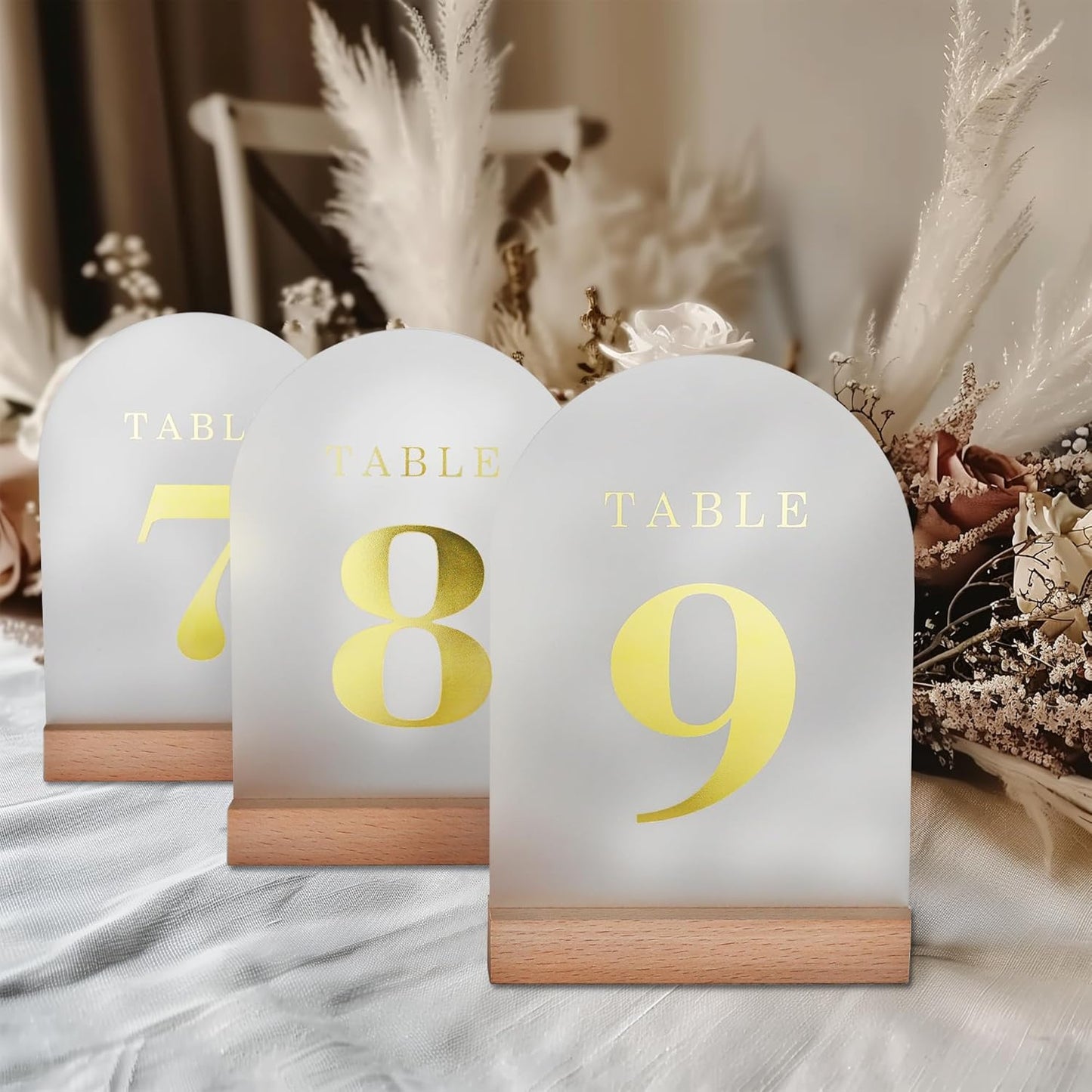 Wedding Table Numbers 1-15, Acrylic Arch Signs with Natural Wood Stands Holders, Rustic Table Decor for Reception & Parties (Frosted Gold)
