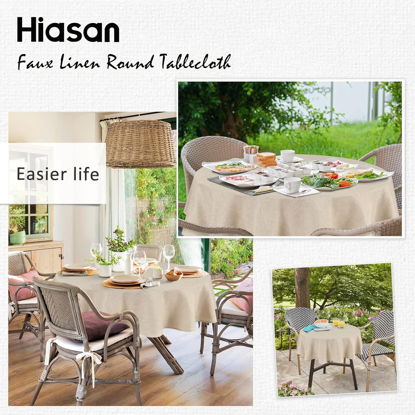 Hiasan Round Linen Tablecloth 108 Inch - Wrinkle and Stain Resistant Washable Polyester Fabric Table Cloth for Dining Room Kitchen Party, Beige