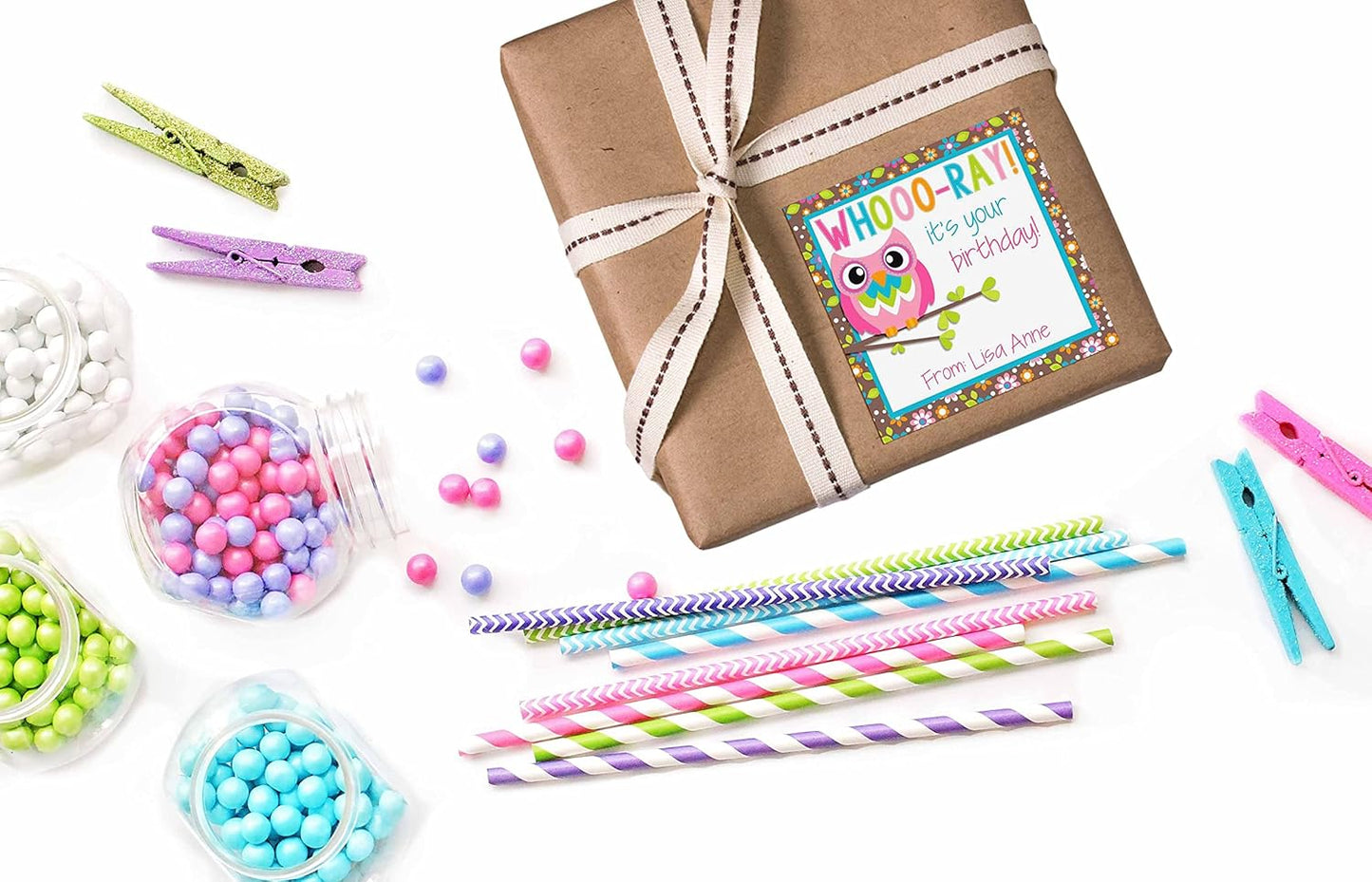 Custom & Personalized Colorful Floral Owl Happy Birthday Gift Tag Sticker Labels, 24 2.5" Square Stickers by Amanda Creation