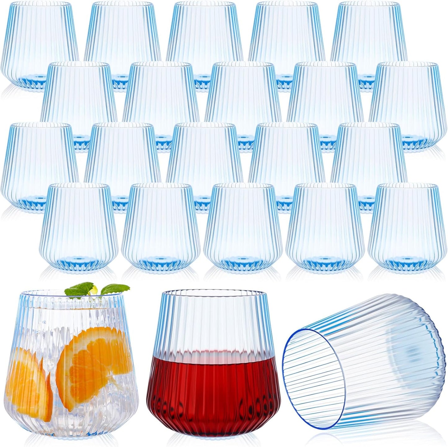 Suclain 50 Pcs Plastic Wine Glasses Ribbed Stemless Wine Glasses 14oz Vertical Design Unbreakable Cups for Outdoor Indoor Vintage Elegant Champagne Whiskey Glasses for Christmas Party Wedding (Blue)