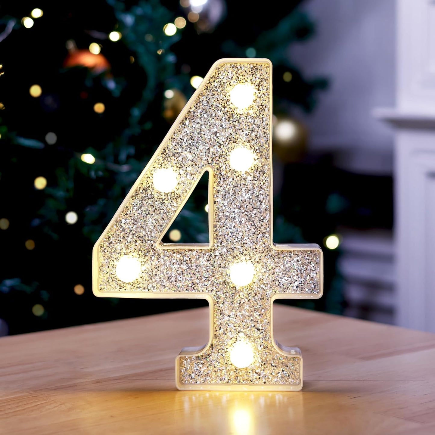 Marquee Light Up Letters, Glitter Silver LED Letter Lights Battery Powered Alphabet Letter Sign for Night Light Wedding Birthday Party Cafe Bar Decoration Girls Room Decor - Number 4