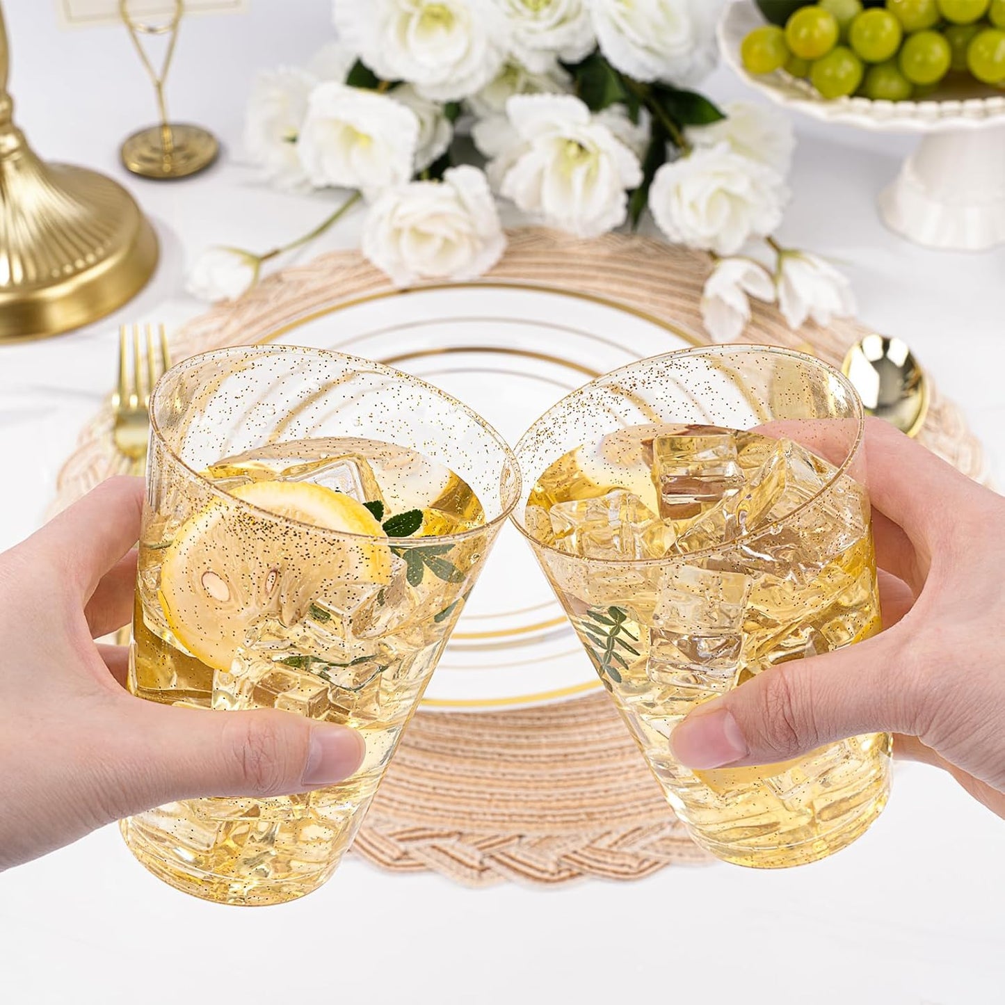 BESTVIP 12oz Gold Glitter Disposable Cups, 100 Pack Gold Plastic Cups, Heavy-duty Party Cocktail Glasses for Christmas, Thanksgiving, Plastic Cups for Party, Holiday, Wedding and Birthday