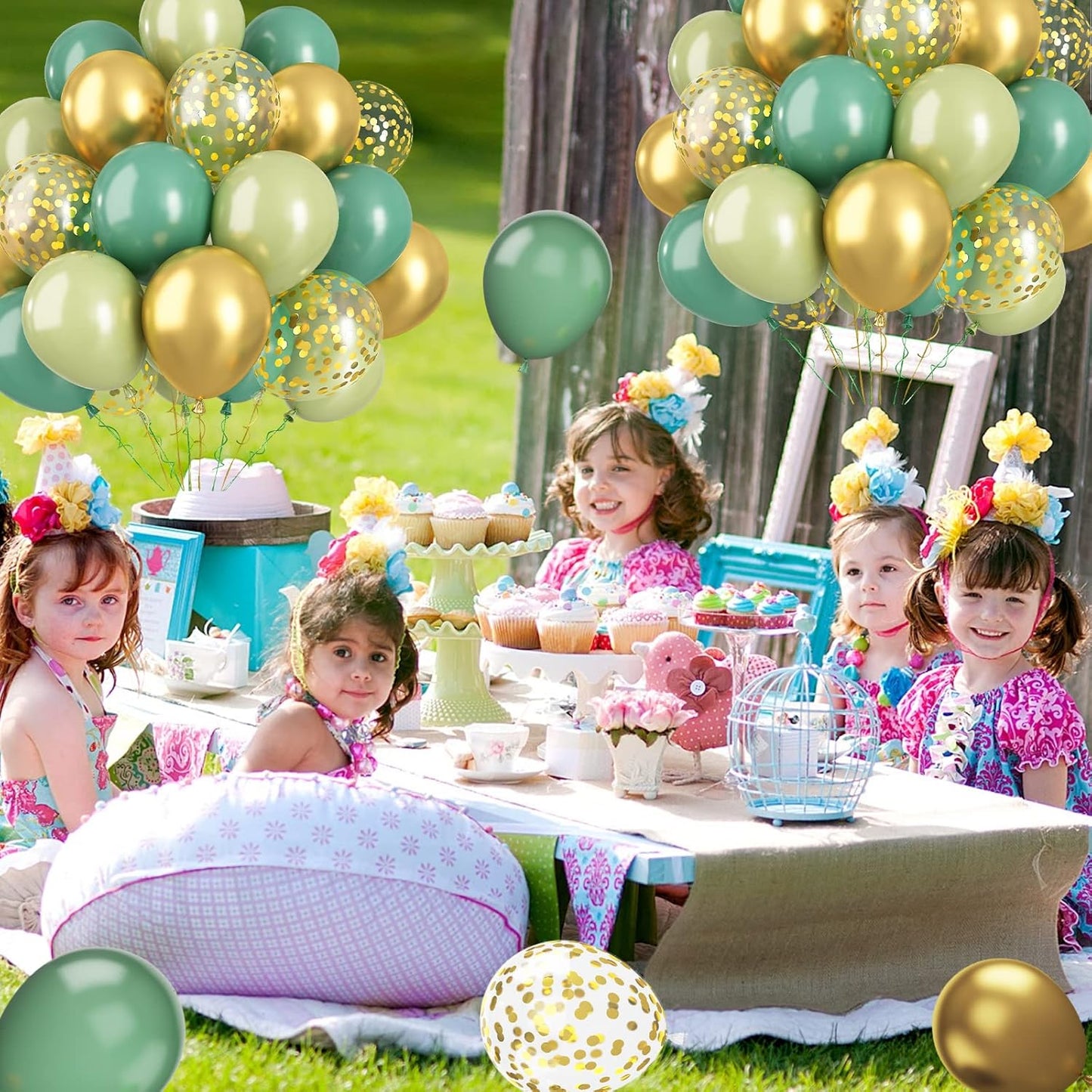 Paready Sage Green Gold Balloons, 60 Pcs 12 Inch Retro Green and Metallic Gold Confetti Balloons, Retro Avocado Party Balloons for Jungle Birthday Baby Shower Animal Wild Theme Decoration Wedding