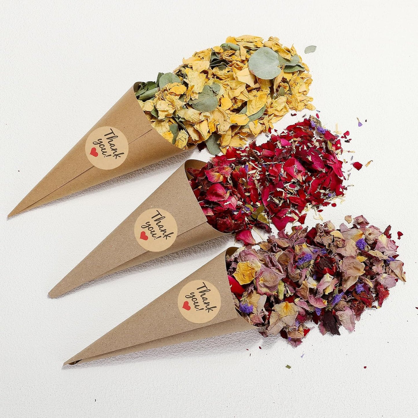 PATIKIL Dried Flower Confetti Cones, 30Pcs Paper Tapers Cone Holder with Dried Rose Petals / Sticker for Wedding Party Engagement Birthday DIY Decoration, Red/Purple