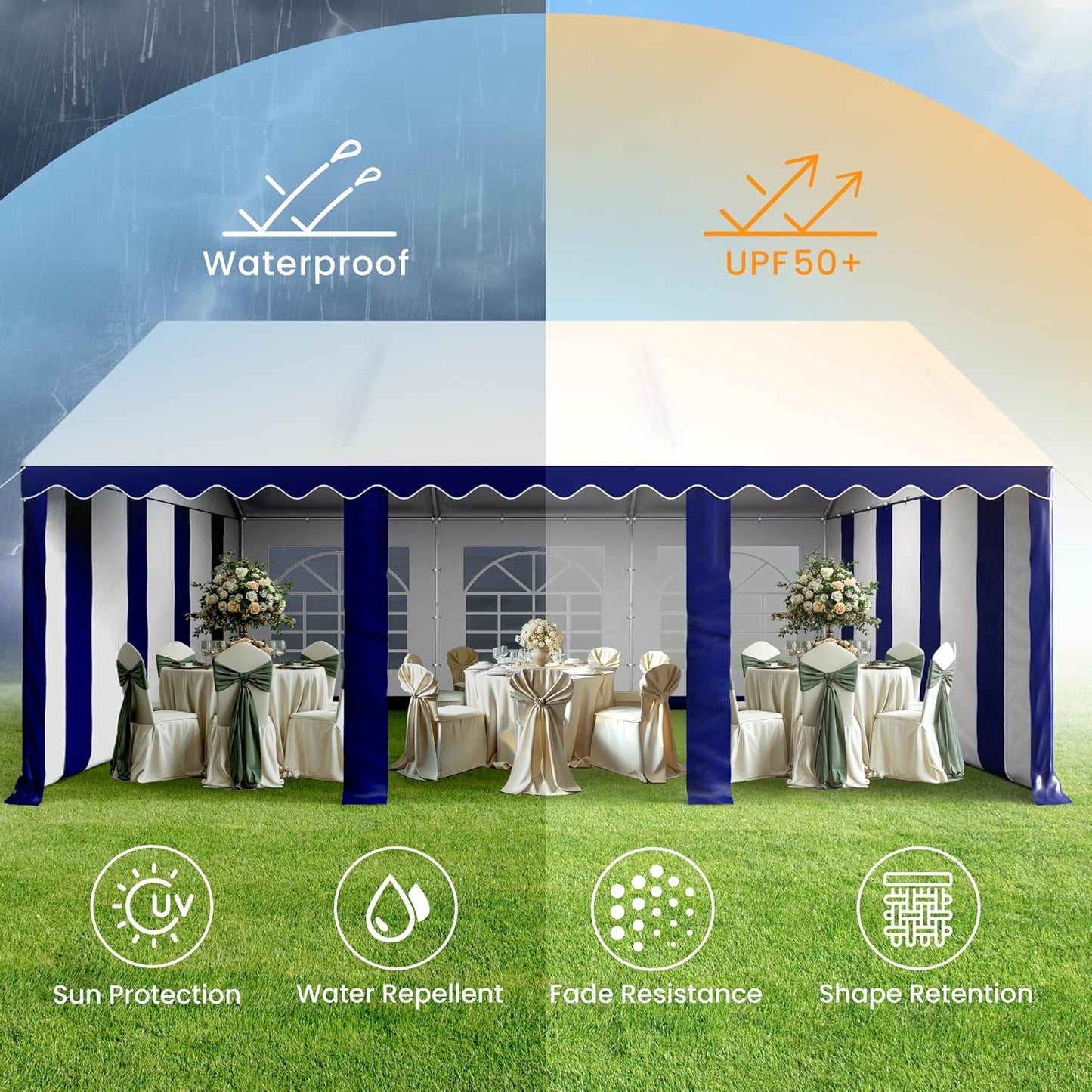 PHI VILLA 20'x16' Outdoor Heavy Duty Party Tent Large Commercial Canopy Wedding Event Shelter with Removable Sidewalls & 3 Storage Bags for Patio Outdoor Garden Events, Blue