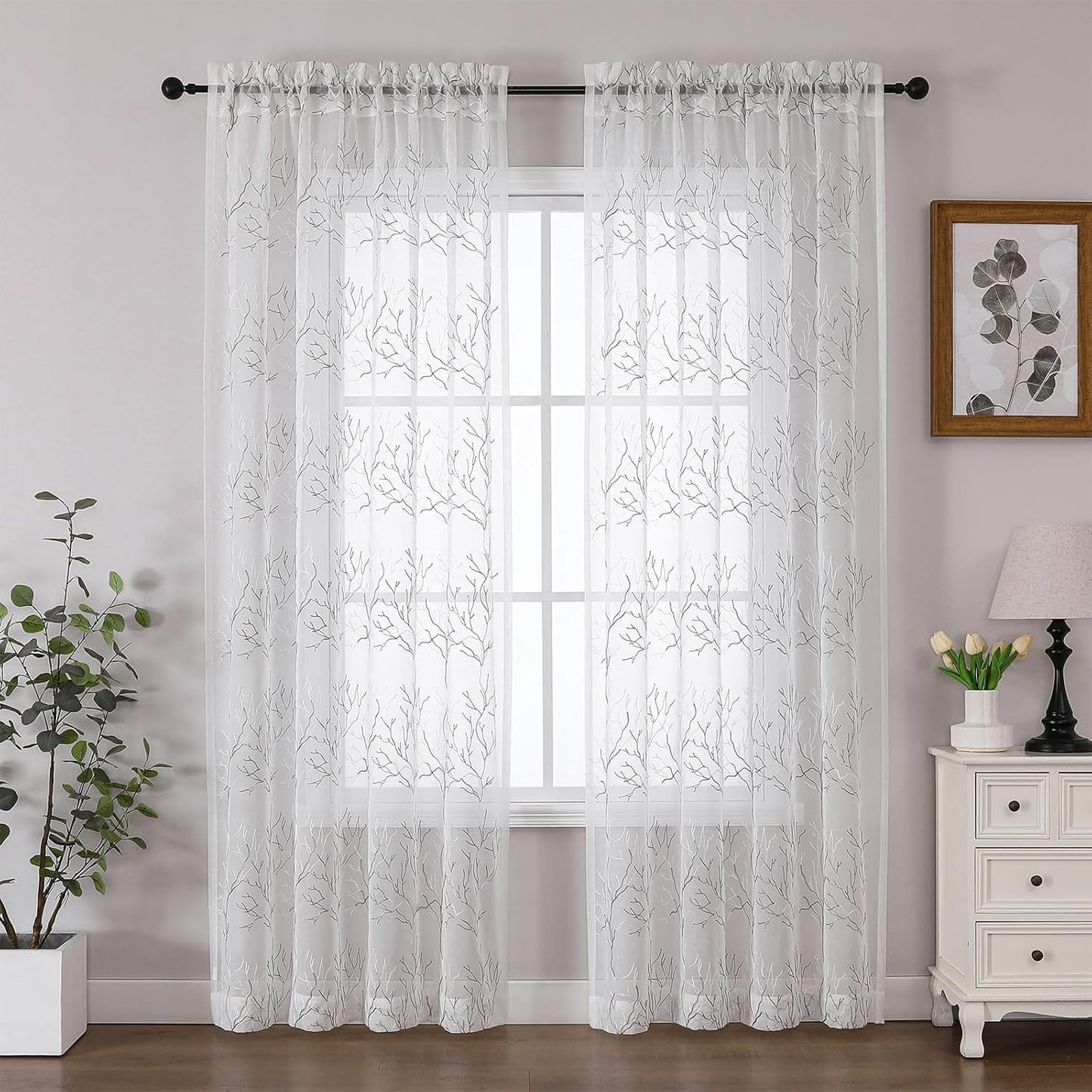 VISIONTEX Sheer Curtains 72 inch Length 2 Panels Set, Decorative Grey Coral Embroidery, Rod Pocket Embroidered Window Drapes for Living Room and Bedroom, 54" x 72"
