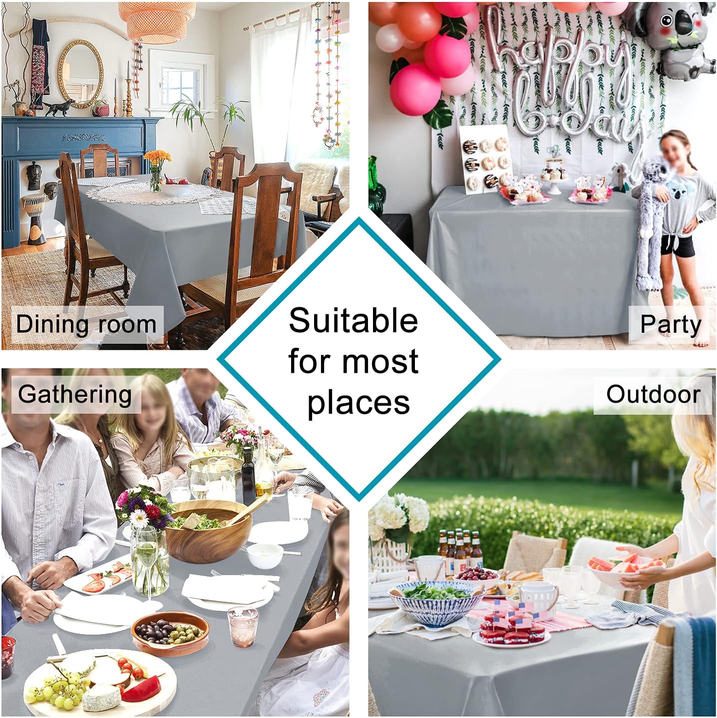 Hiasan Silver Grey Square Tablecloth - Waterproof and Spillproof Washable Fabric Table Cloth for Dining Room Kitchen Party and Outdoor, 60 x 60 Inch