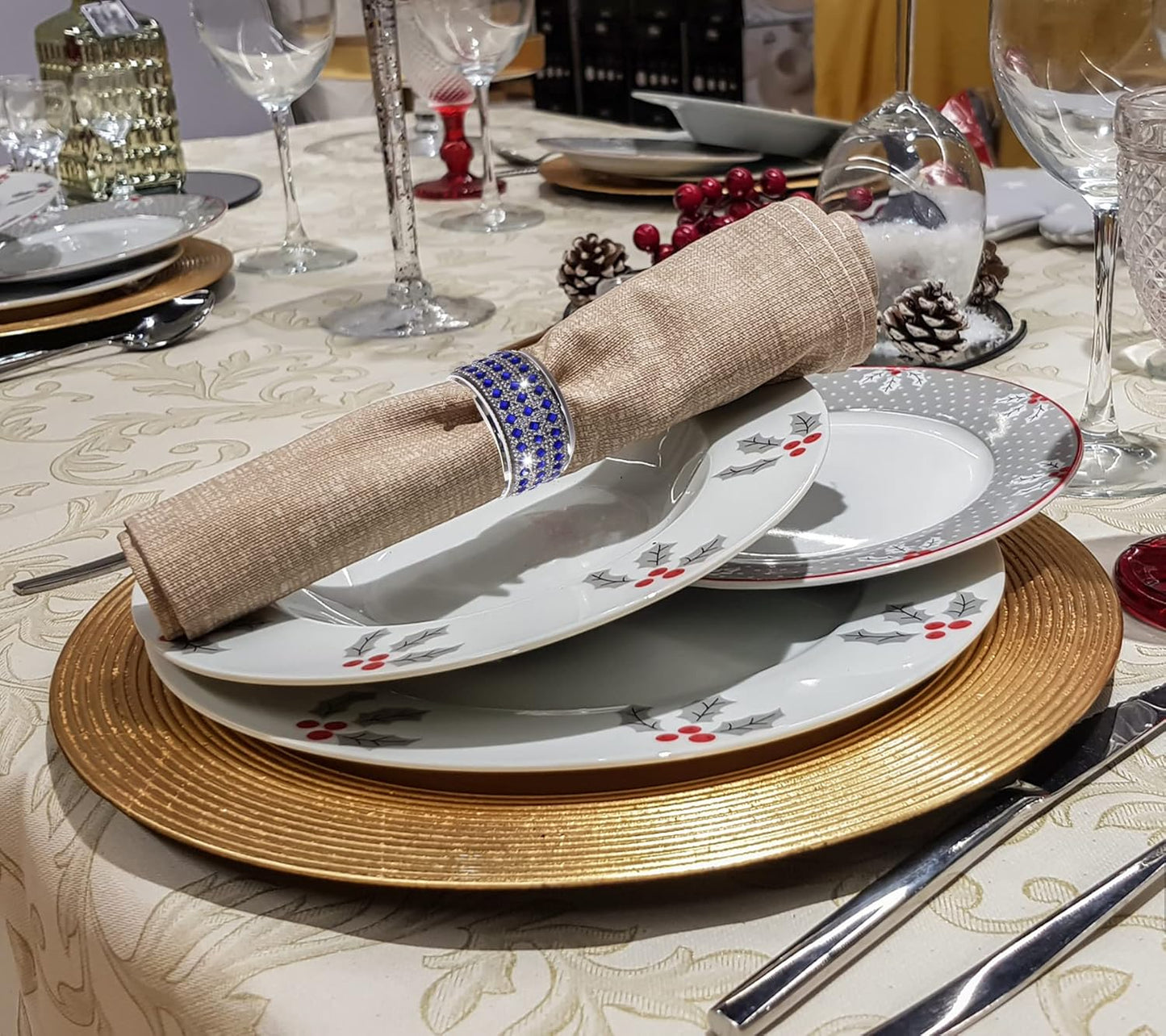 Rhinestone Napkin Ring Silver Diamond Napkin Rings Stainless Steel Blue Crystal Napkin Holder Set of 6 for Dinner,Wedding,Christmas Thanksgiving Holiday Party or Everyday Table Decoration