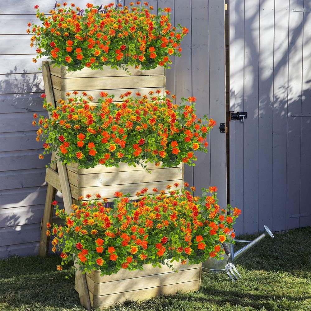 10 Bundles Artificial Fake Flowers, Faux Outdoor Plastic Plants UV Resistant Shrubs Outside Indoor Decorations (Orange-Eucalyptus)