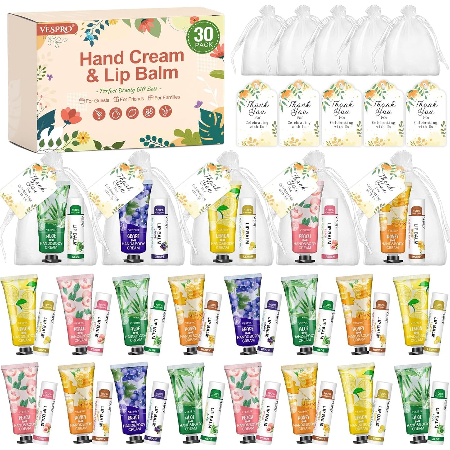 30 Sets Bulk Hand Lotion and Bulk Lip Balm Gifts, Bridal Shower Favors, Bridesmaid Gifts and Wedding Favors for Guests with Thank You Card and Organza Bags, Employee Appreciation Gifts, Birthday Gifts